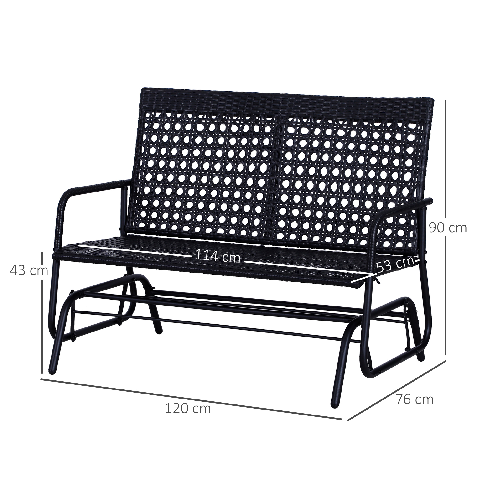 Outsunny 2 Seater PE Rattan Glider Bench, Outdoor Loveseat Chair with Steel Frame, Porch Rocking Glider for 2 Person with Armchair, High Back, Black 3