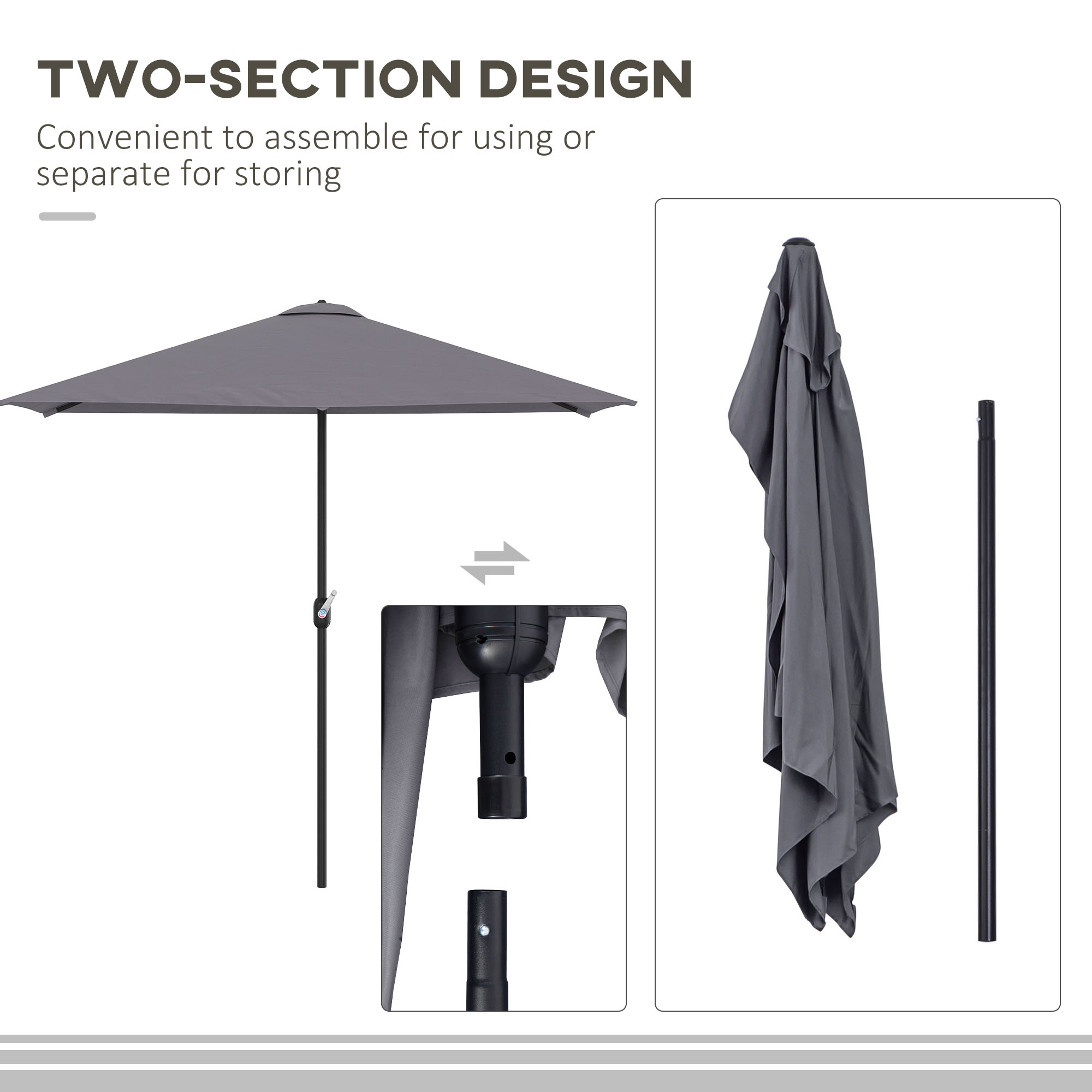 Outsunny Balcony Half Parasol Semi Round Umbrella Patio Crank Handle (2.3 m, Grey)- NO BASE INCLUDED 7