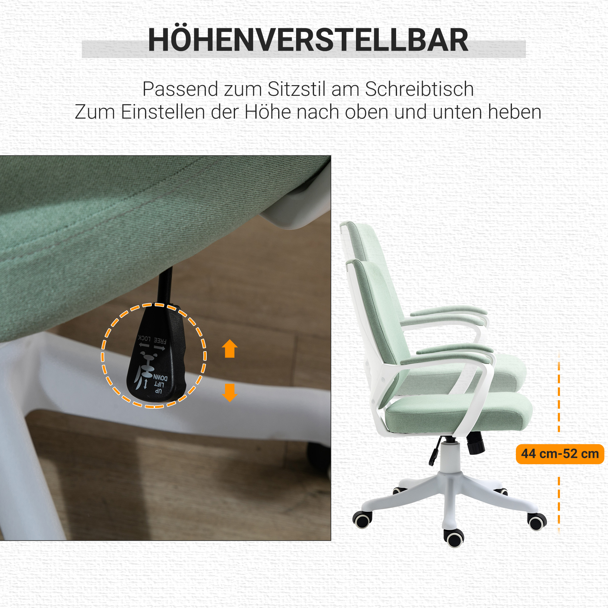 Kontoritool, lauatool, kodukontori tool kiikfunktsiooniga, kõrgusega reguleeritav seljatugi, paksult polsterdatud, ergonoomiline, 360° pöörlevad rattad, polüester, nailon, PP, roheline+valge, 62x69x92-100