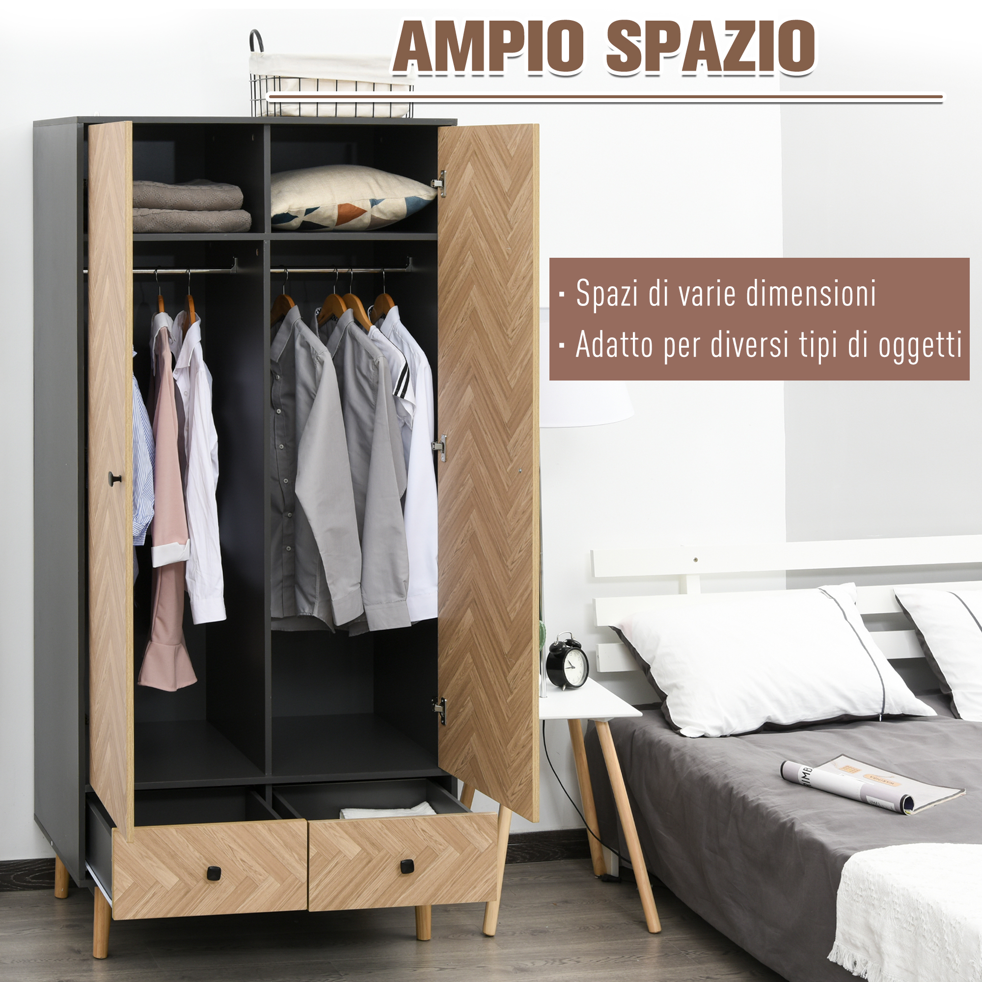 Armadio Guardaroba HOMCOM Bianco - 200x100x60 Cm, Con 2 Cassetti E Appendiabiti, Per Camera Da Letto - Foto 9