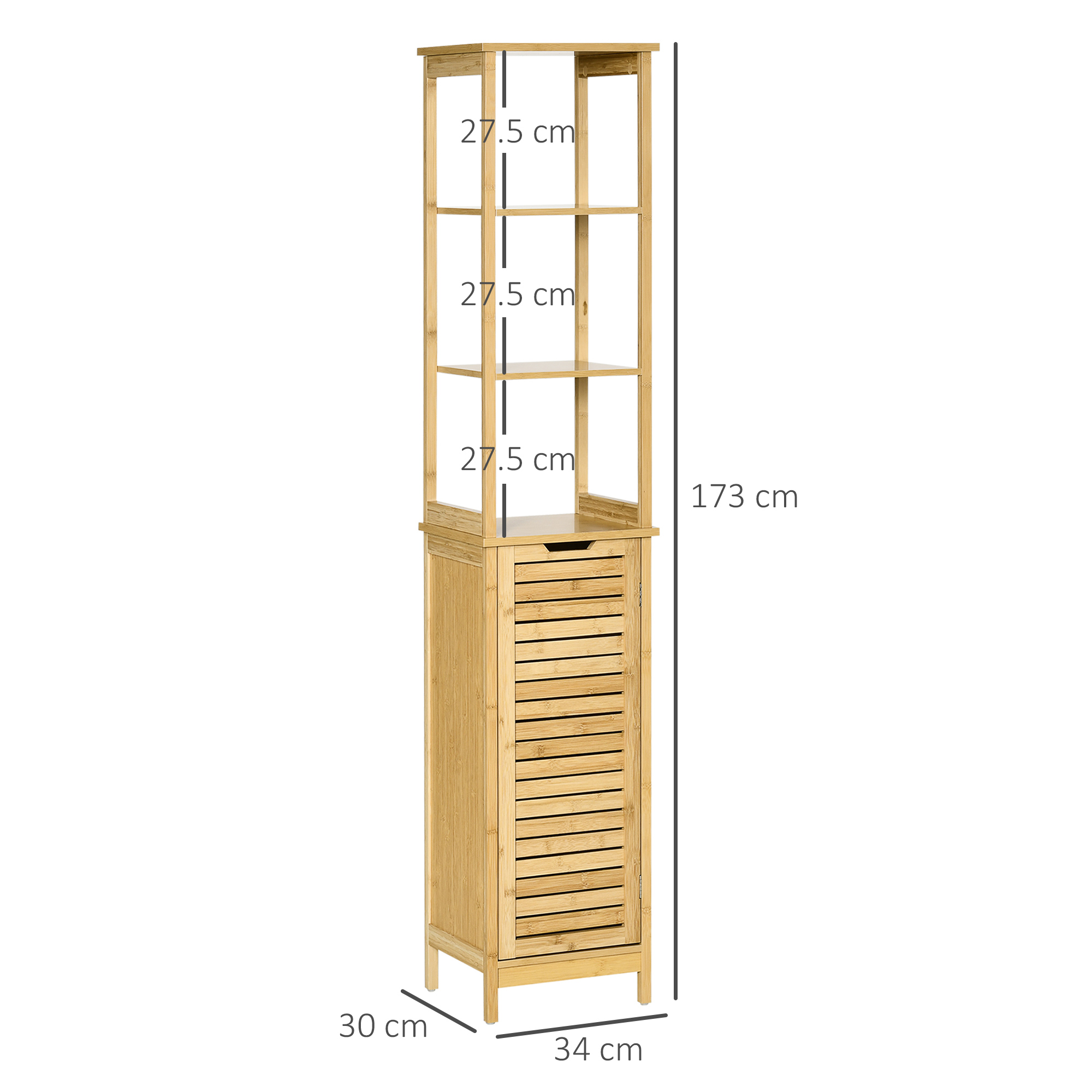 kleankin Tall Bathroom Cabinet, Slim Storage Cabinet, Tallboy Bamboo Storage Unit with 3-Tier Storage Shelves and Freestanding Organiser, Natural 3