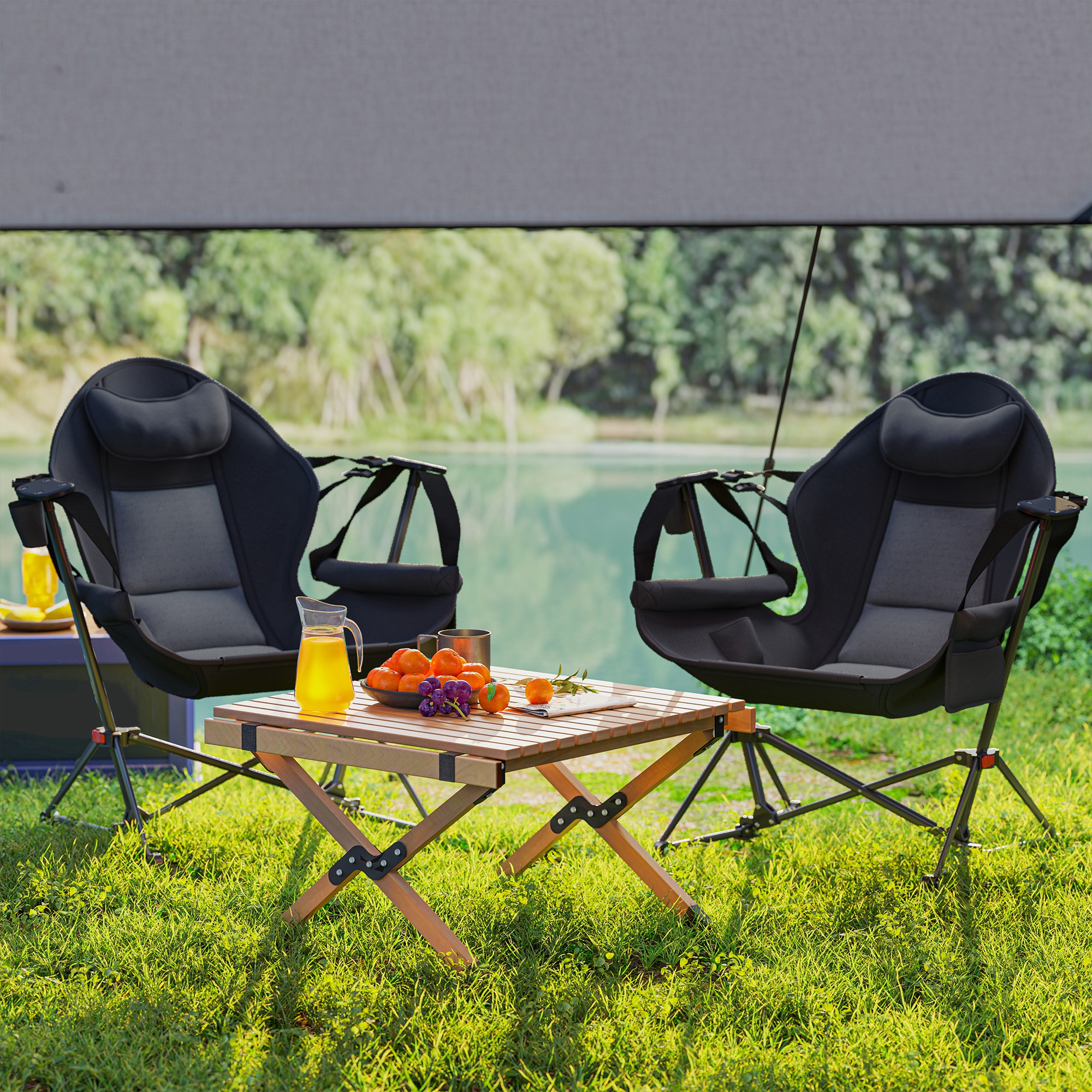 Outsunny Hammock Camping Chair Set of 2, Adjustable Back Portable Swinging Camping Chair with Cup Holder, Headrest, Padded Seat and Carry Bag for Travel Fishing Hiking, Black 9