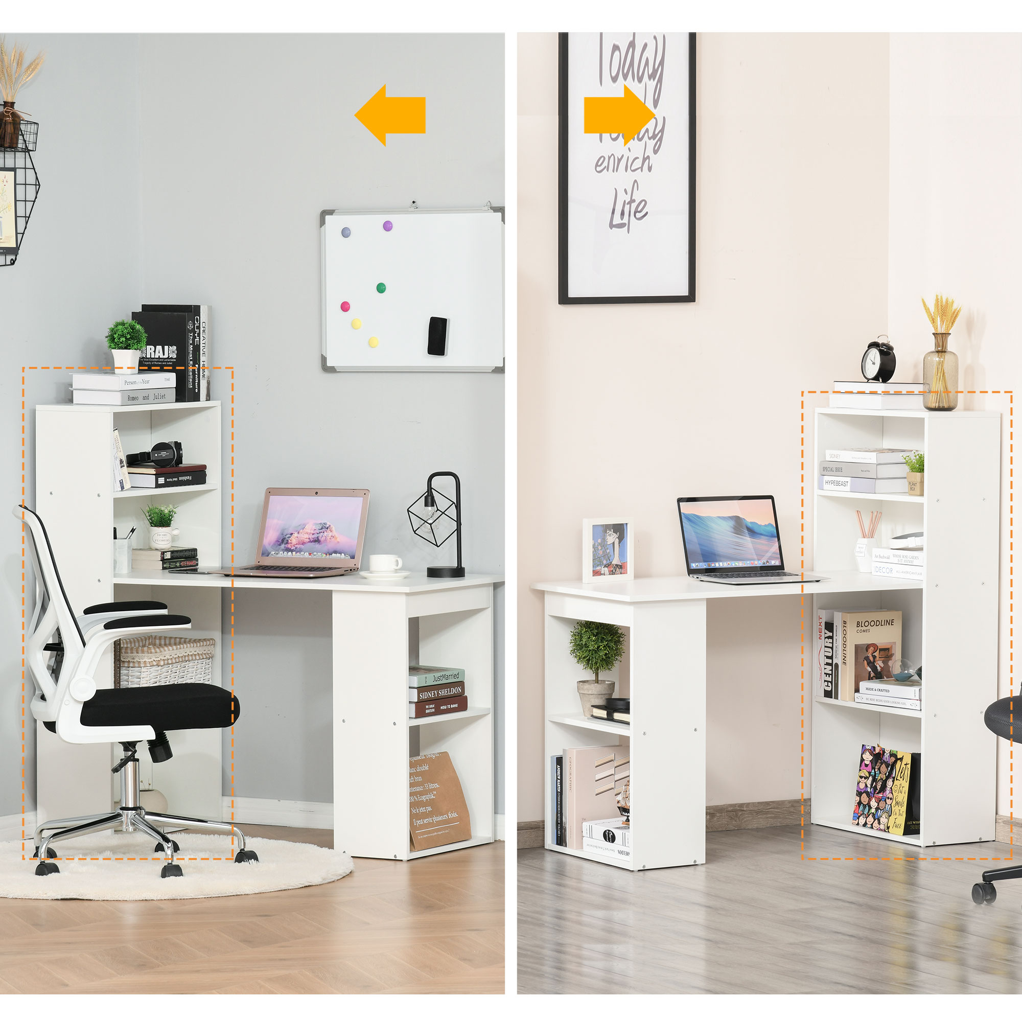 HOMCOM 120cm Computer Desk, Wooden PC Laptop Table with 6-Tier Storage Bookshelves, Home Office Working Study Desk, Writing Workstation, White 7