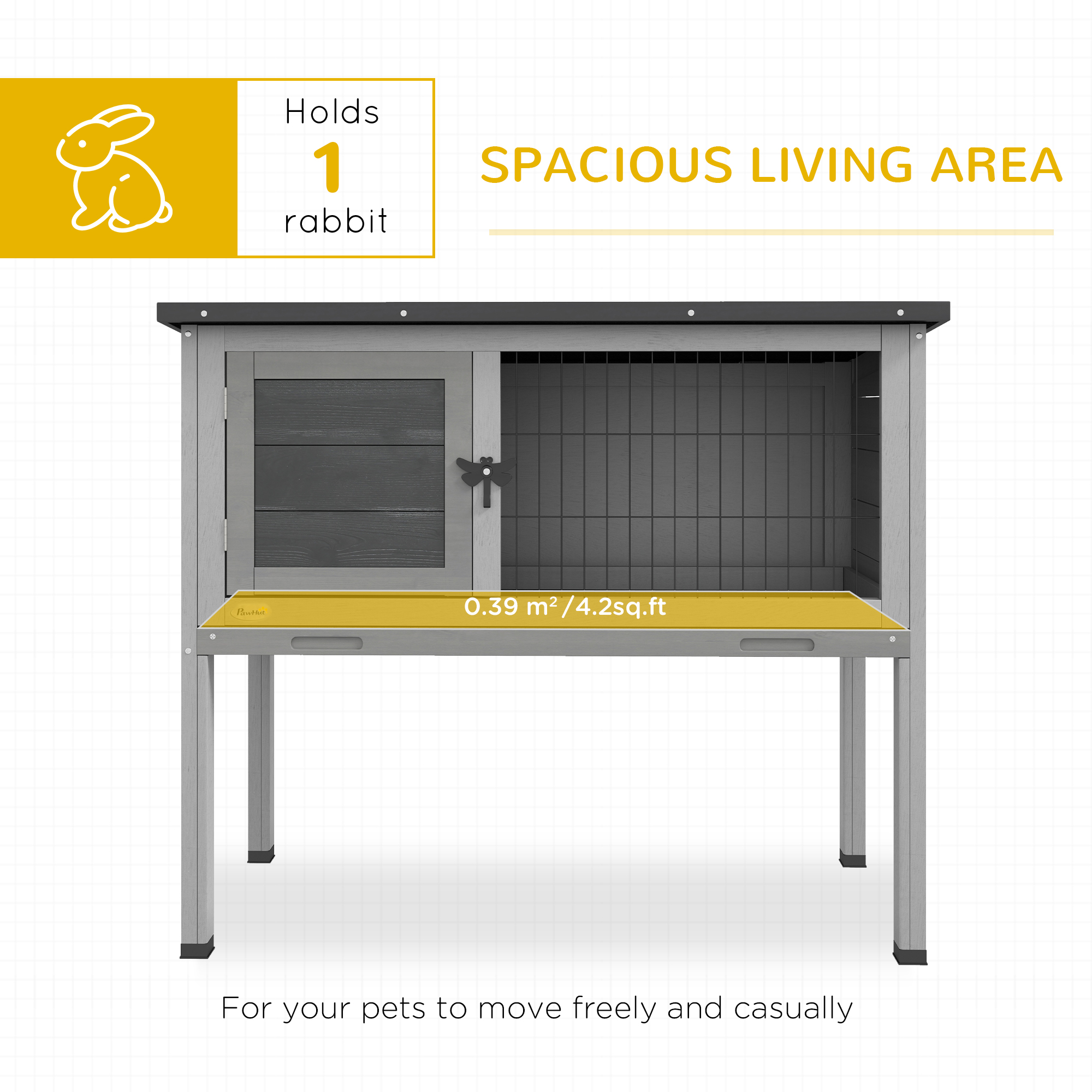 PawHut Wooden Guinea Pig Hutch, Small Animal Cage with Slide-out Tray, Openable Asphalt Roof, 84 x 43 x 70cm, Grey 4