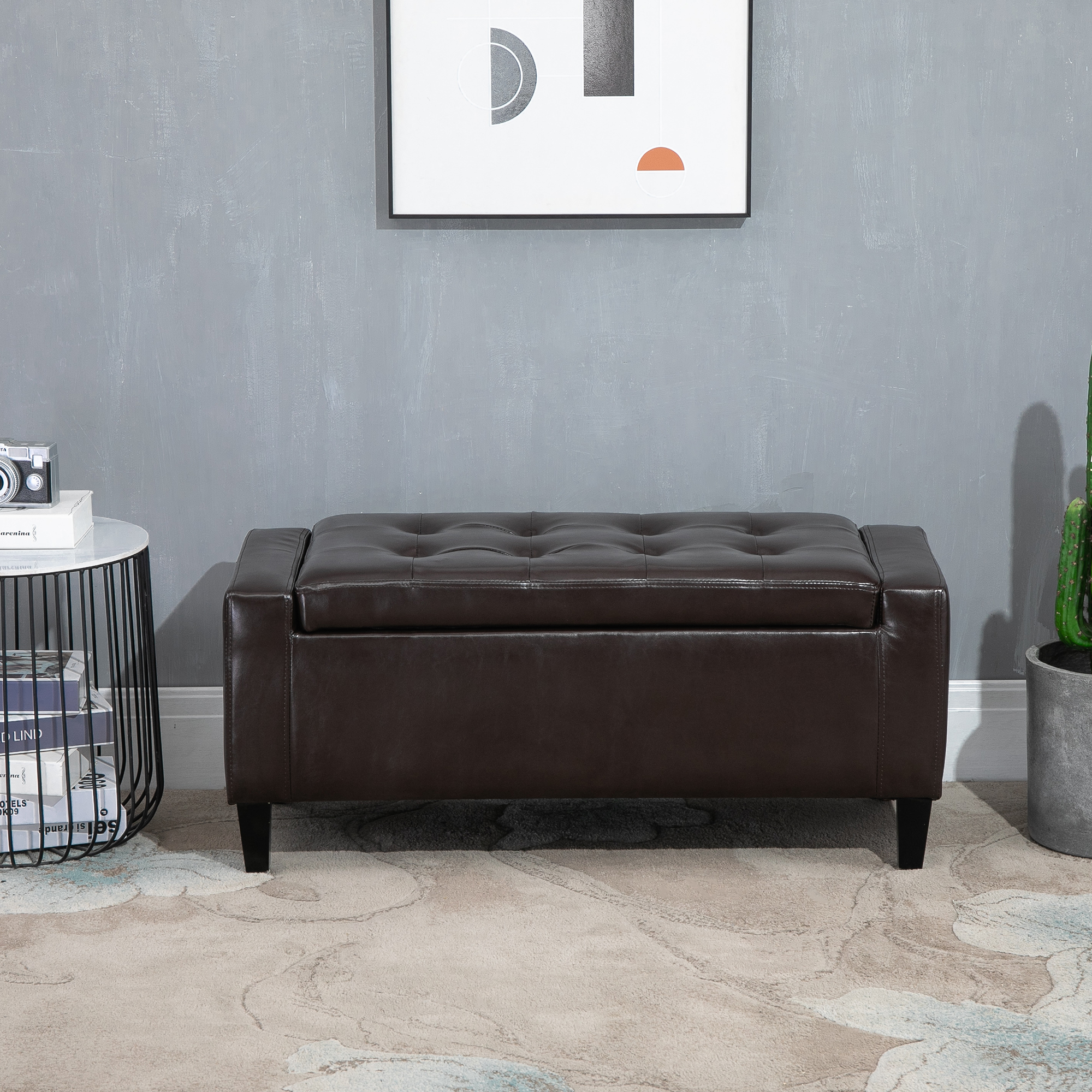 HOMCOM PU Leather Storage Ottoman Bench Storage Chest Tufted Ottoman Cube w/ Flipping Top 92L x 40W x 40H cm Brown 6
