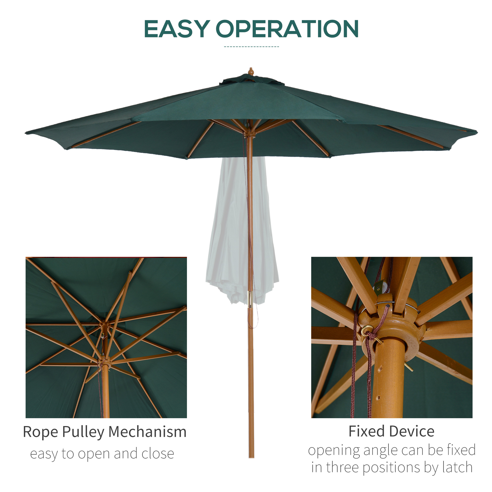 Outsunny 3(m) Wooden Patio Umbrella, Pulley Operated Garden Parasol with Rope Pulley Mechanism and 8 Ribs, Dark Green 5