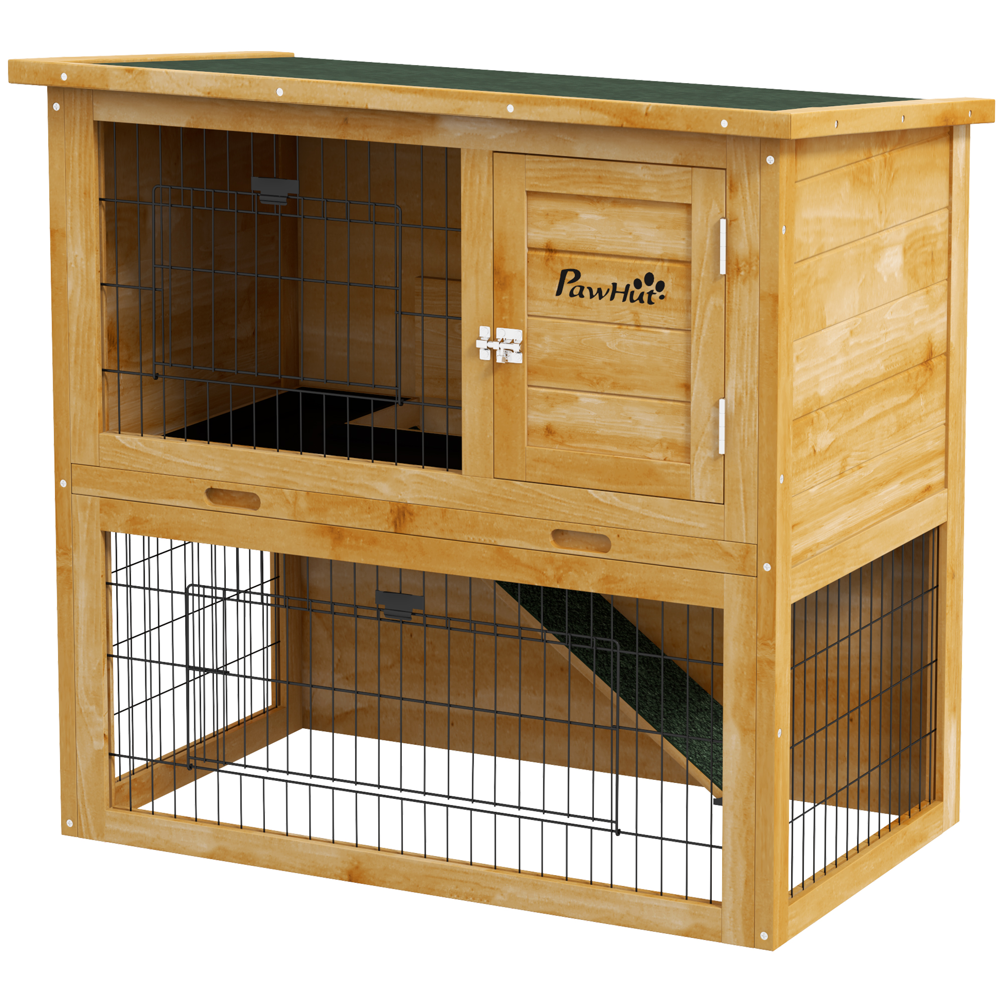 Meilleurs prix pour PawHut Clapier à lapin en bois 2 étages avec 3 portes plateau coulissant rampe toit bitumé 85 x 50 x 80 cm orange
