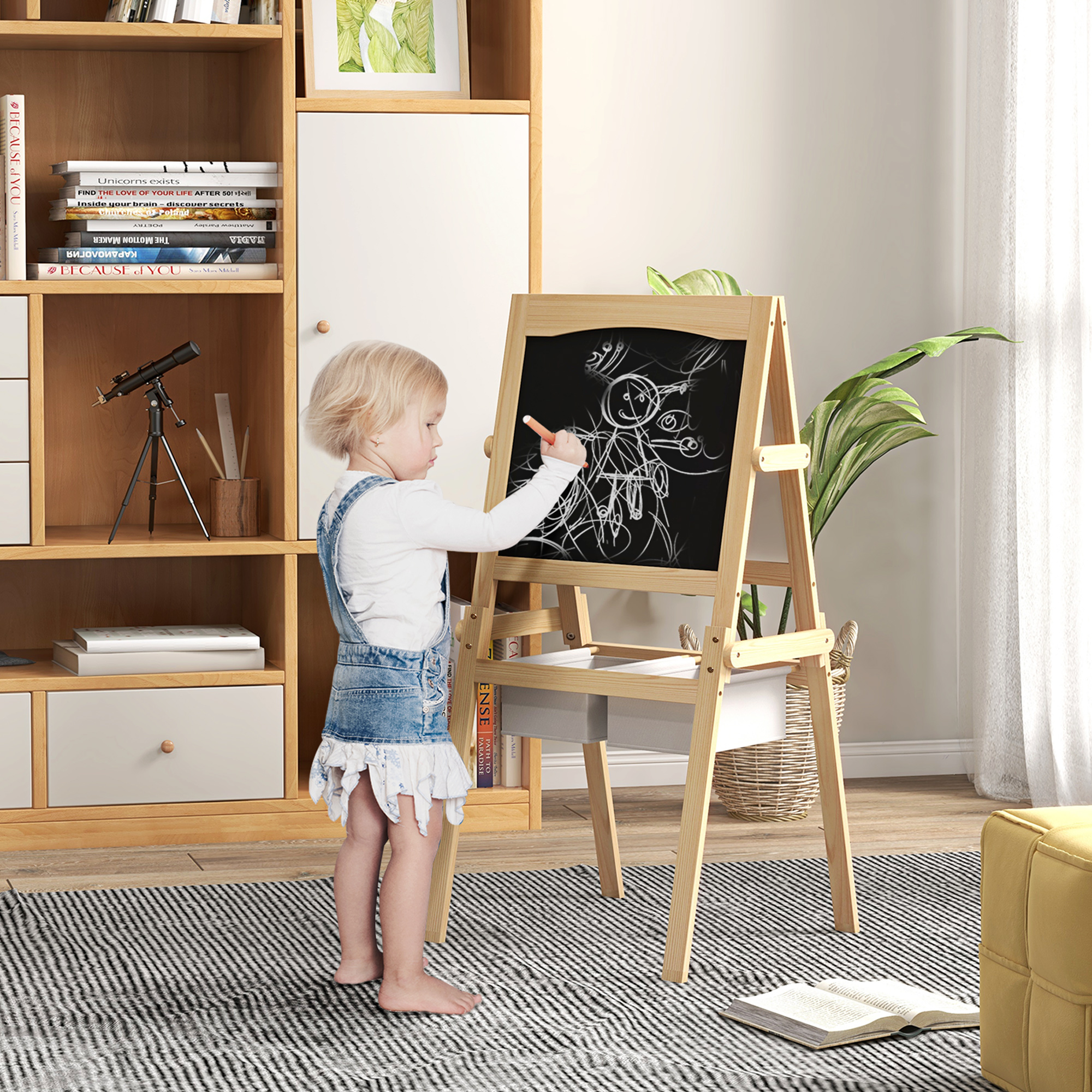 Lavagna Per Bambini 3 In 1 HOMASIS Con Cavalletto - Doppia Faccia (Bianca/Nera) + Rotolo Di Carta, Altezza Regolabile, Legno Di Pino