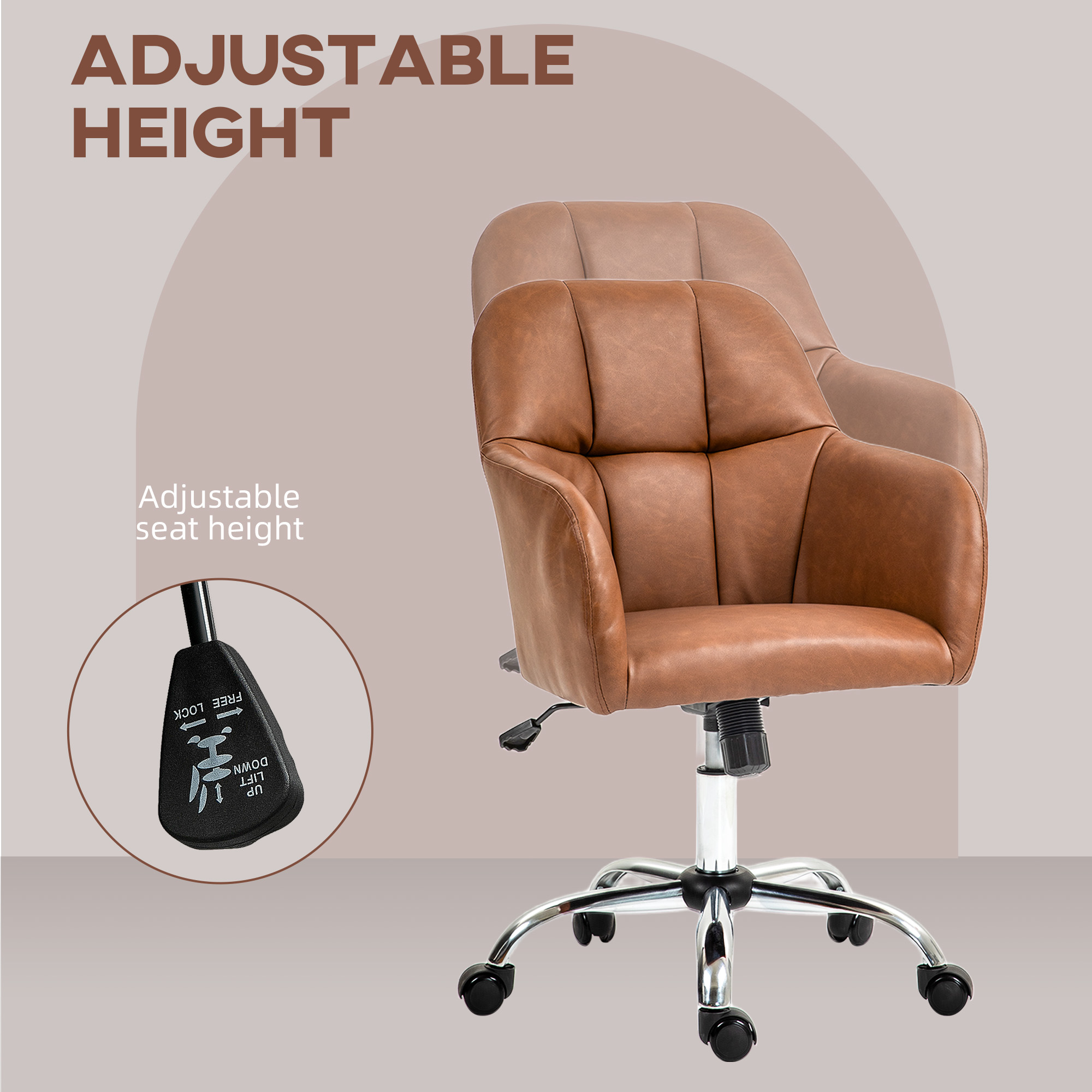 HOMCOM Faux Leather Tub Office Chair, with Wheels Brown 4