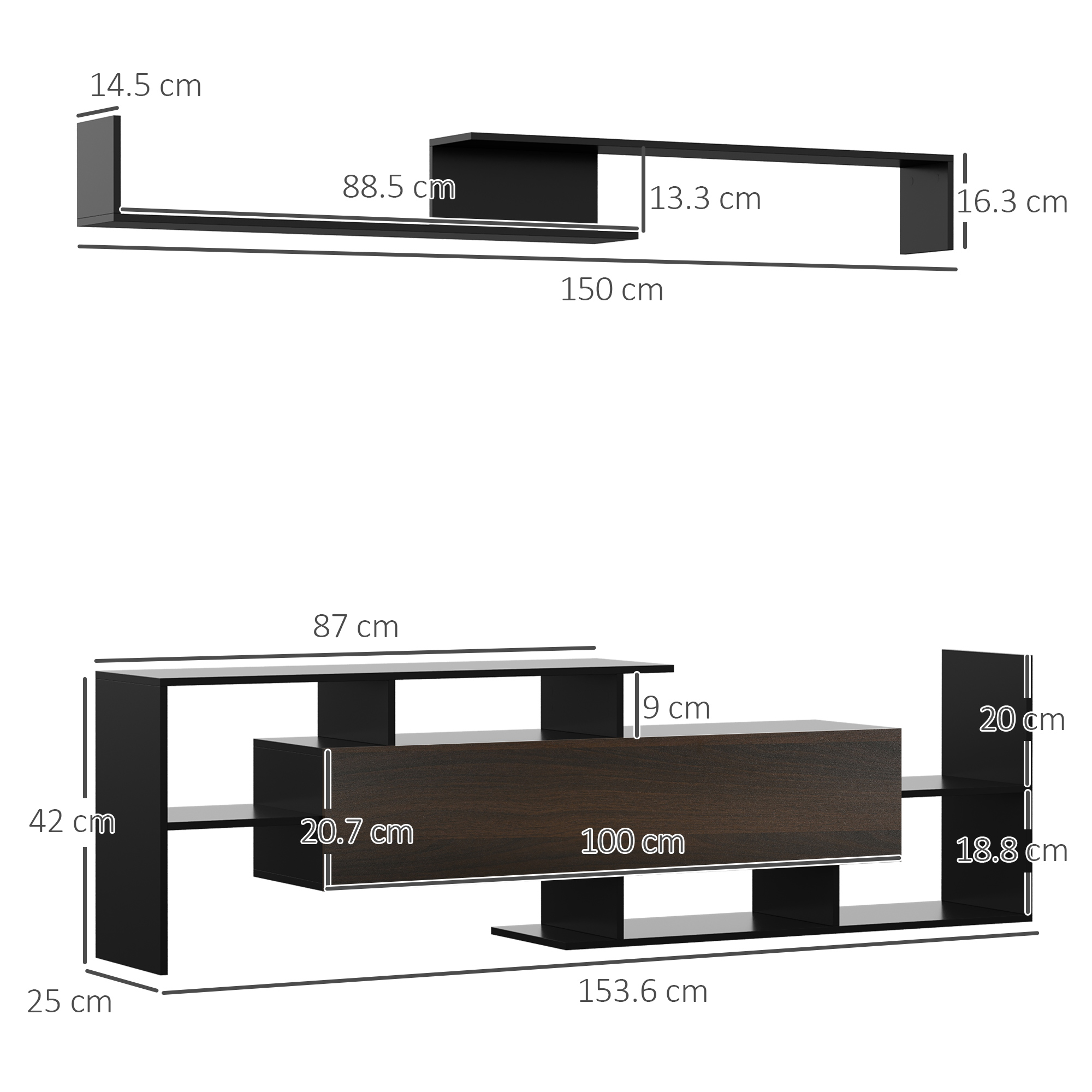HOMCOM TV Cabinet with Wall Shelf for Wall-Mounted 65" TVs or Standing 40" TVs Black and Dark Brown 3