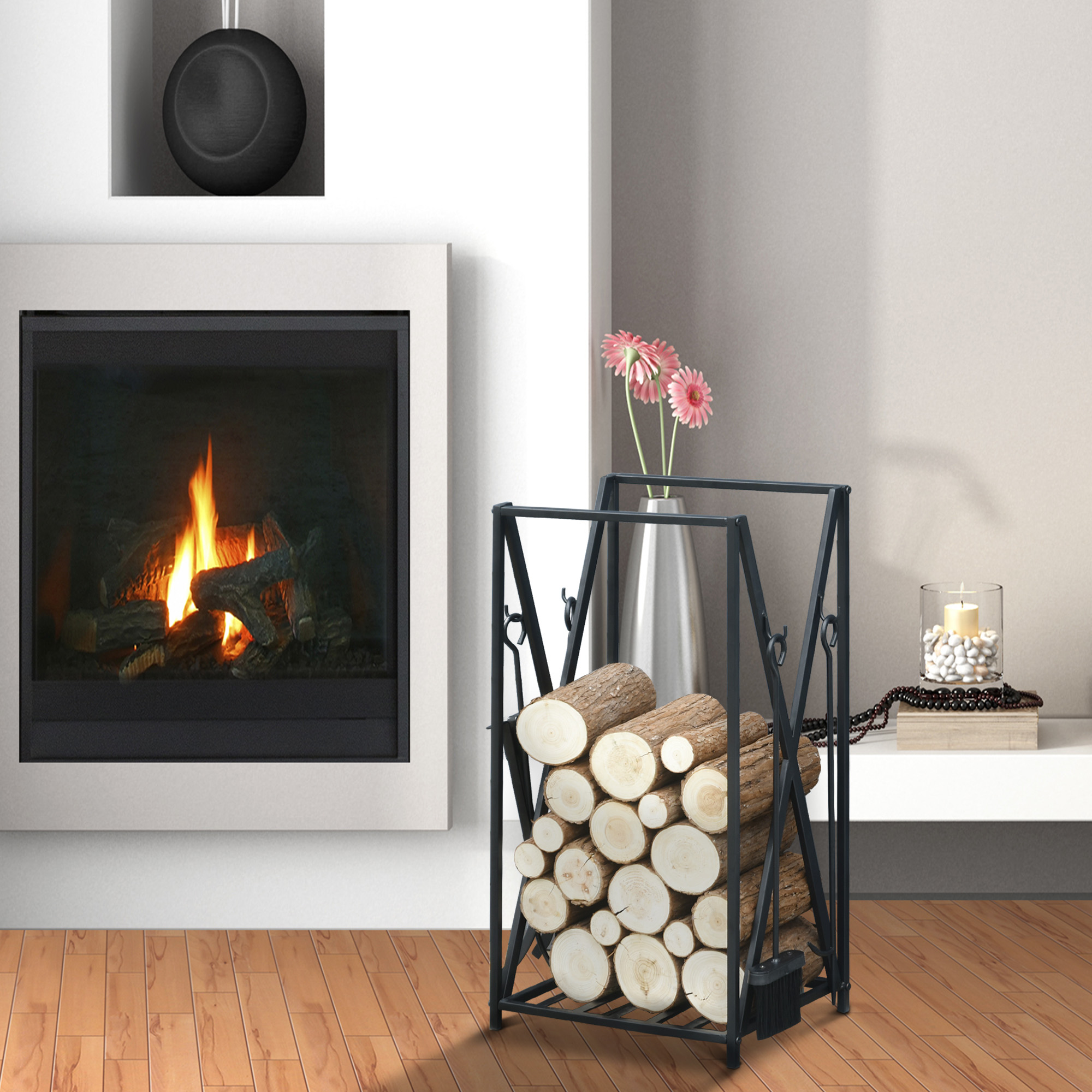 Portalegna Da Esterno/Interno In Metallo Con Accessori - Paletta, Scopa, Pinza E Attizzatoio