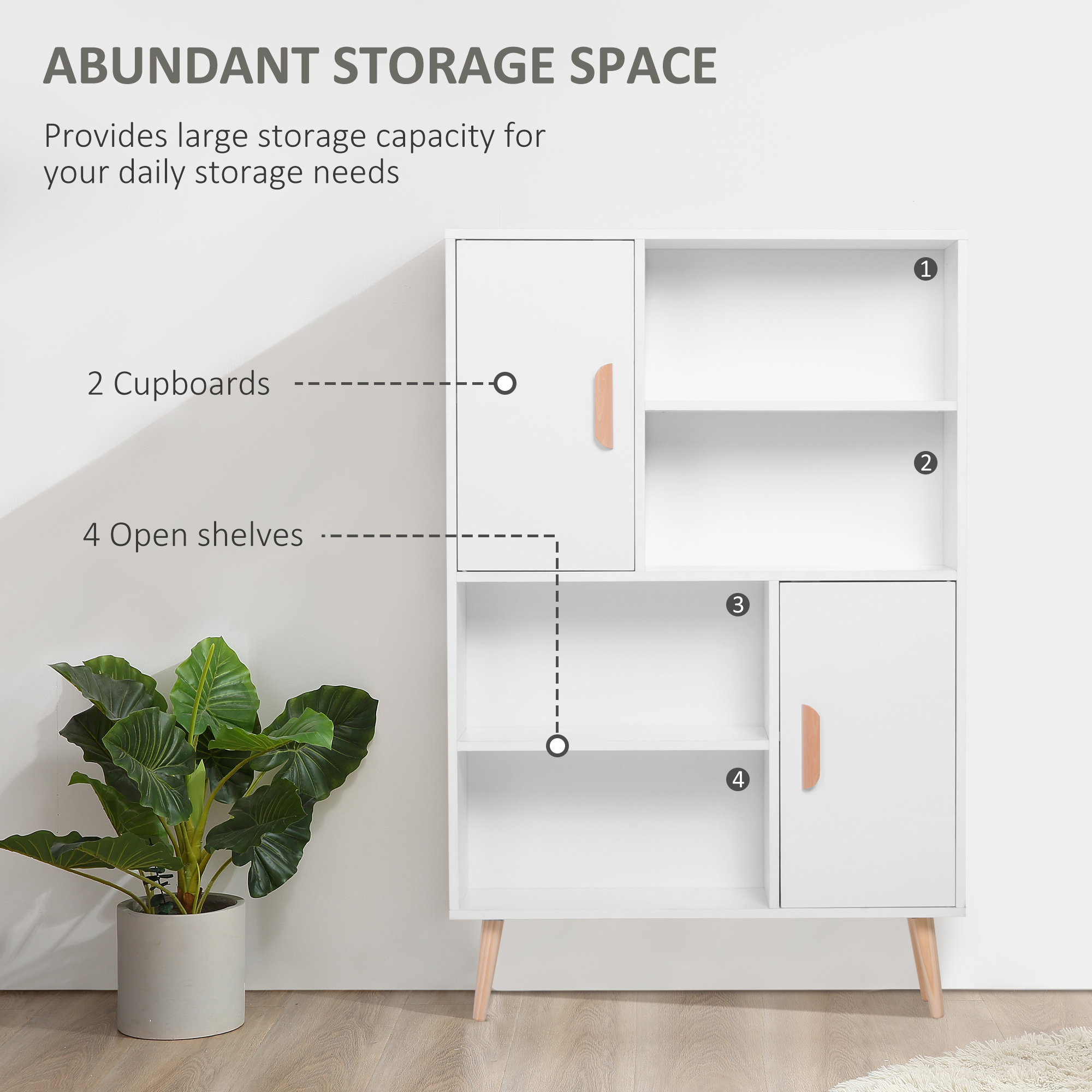 HOMCOM Sideboard Bookshelf Free Standing Bookcase Shelves Unit Display Storage Cabinet w/ Adjustable Shelves, Wooden Leg, Two Doors, White 5