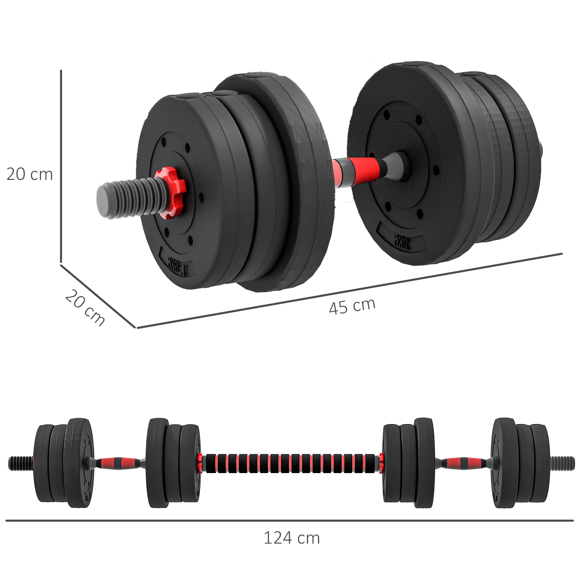 HOMCOM 20kg 2 IN 1 Adjustable Dumbbells Weight Set, Dumbbell Hand Weight Barbell for Body Fitness, Lifting Training for Home, Office, Gym, Black 3