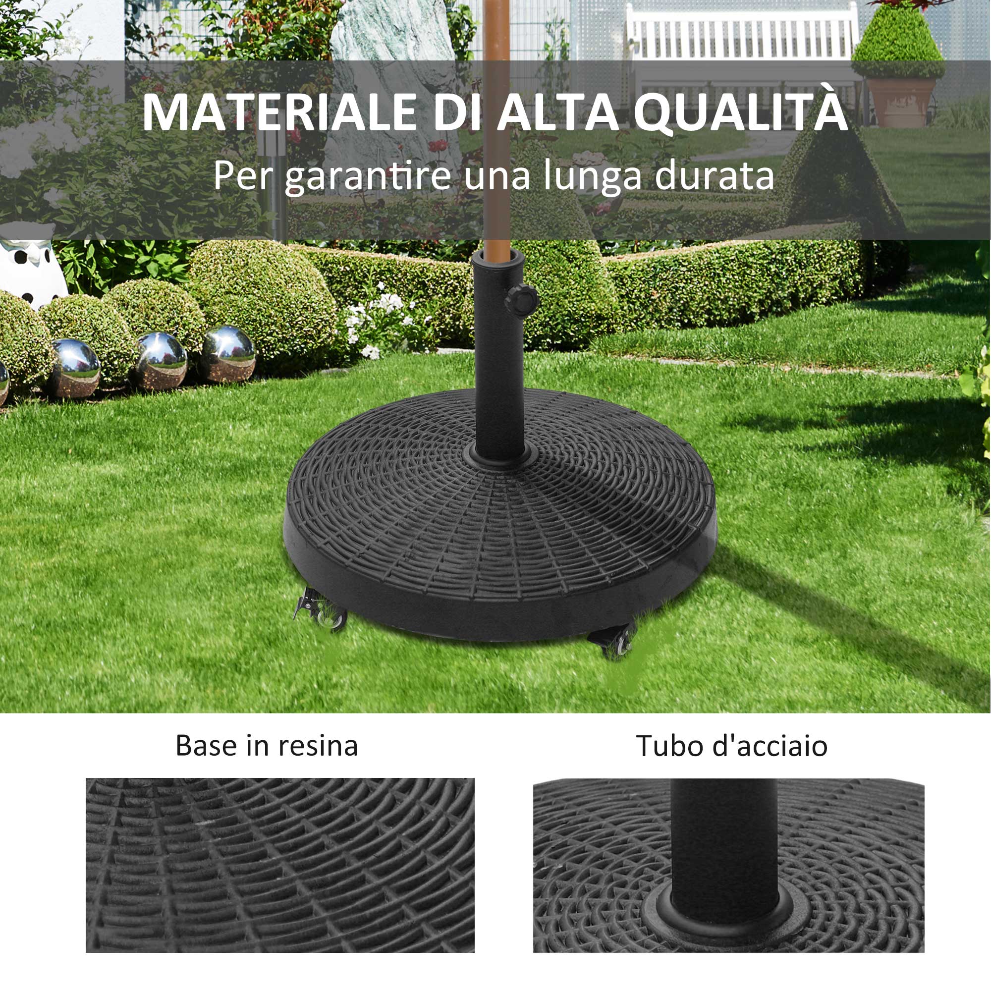 Base Per Ombrellone Outsunny Rotonda A 4 Ruote Con Freni - Per Pali Ø38/48mm, Resina E Metallo, Ø52x41cm