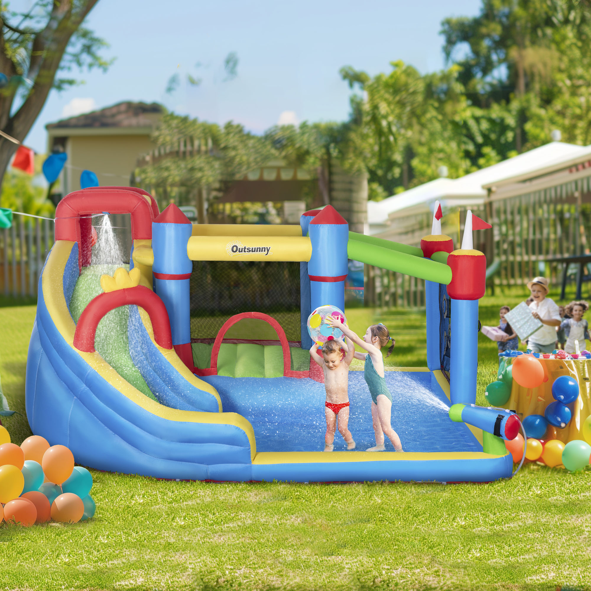 Outsunny 6 in 1 Kids Bouncy Castle, with Water Slide, Water Gun, Climbing Wall, Air Blower for Indoors/Outdoors, 3.9 x 3 x 2m