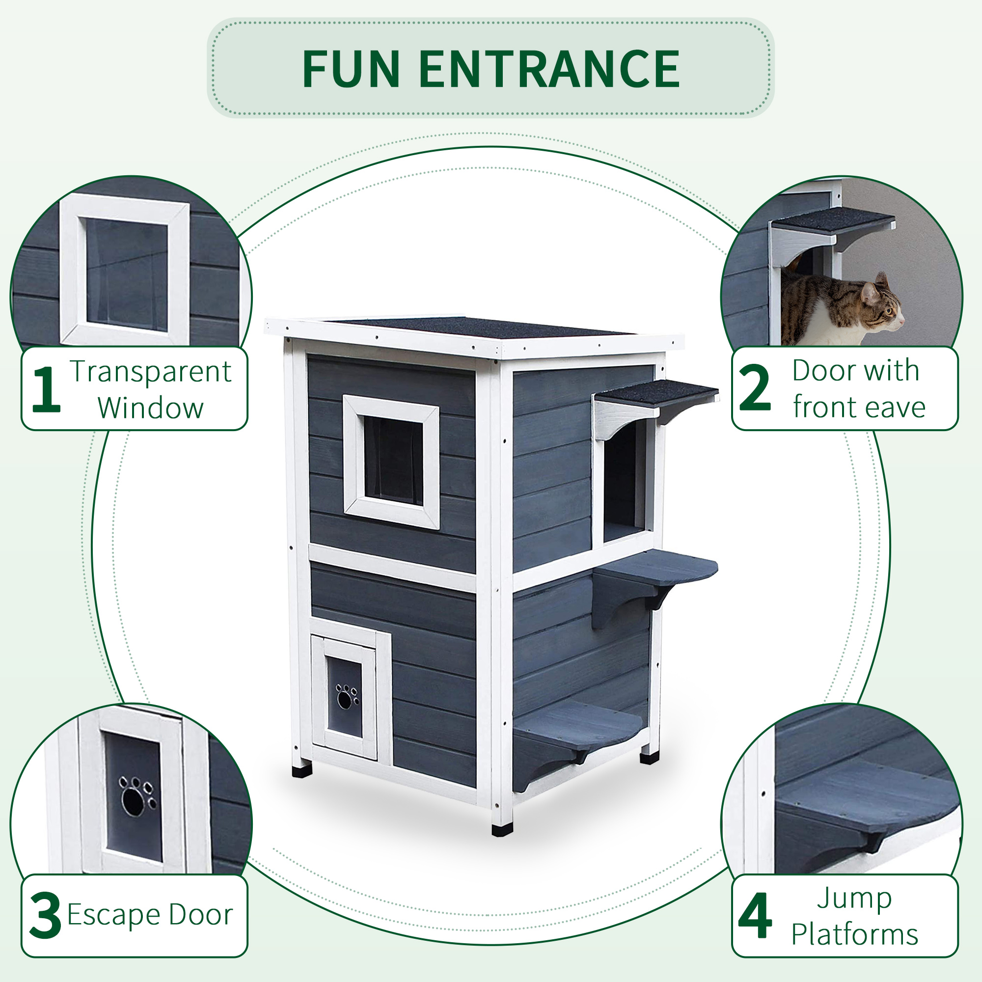 PawHut Wooden Cat House 2-Floor Outdoor Kitten Shelter with Window Grey 6