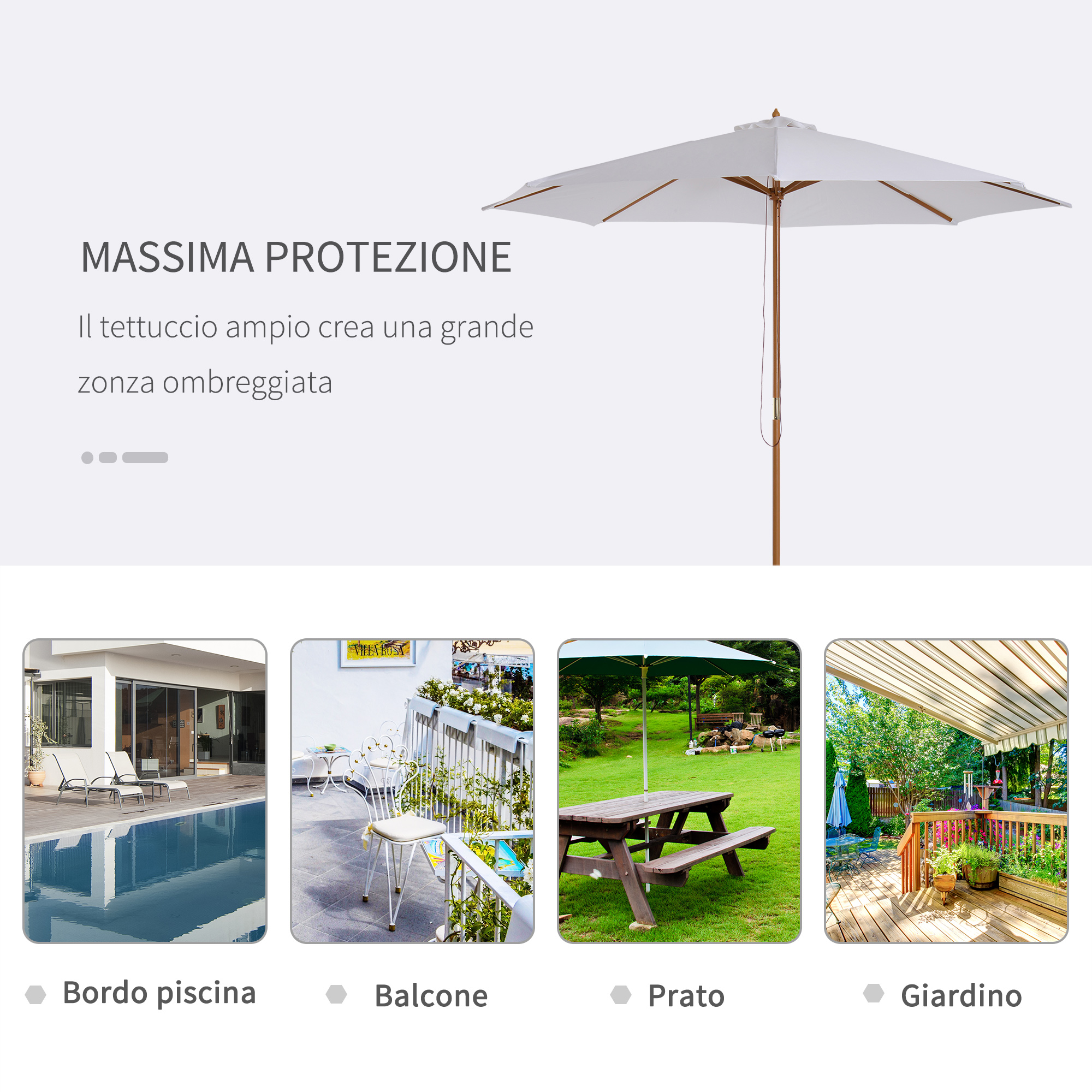 Ombrellone Da Giardino Outsunny 3x2.5 M – Apertura A Corda, 8 Stecche In Legno, Palo In Legno, Poliestere Verde Scuro, Con Presa D'aria