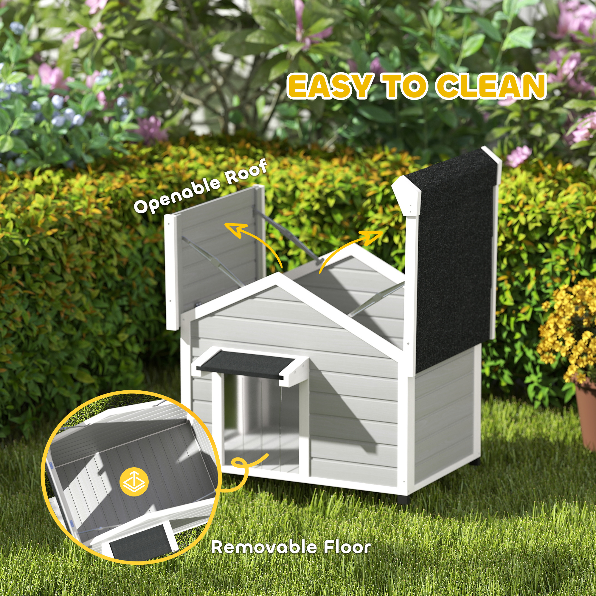 PawHut Wooden Dog House Outdoor with Openable Roof, Removable Floor, Curtain, Elevated Feet, for Medium Dogs, Light Grey 6