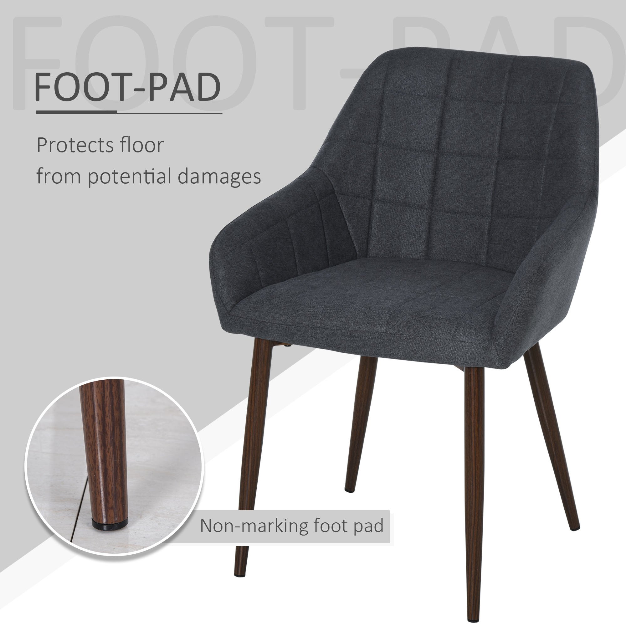 HOMCOM 2 Pieces Linen-Touch Fabric Dining Chair with Grid Pattern Cushion and Backrest, Mid Back Leisure Chair with Steel Leg, Sponge Padded Armchair for Dining Room 7