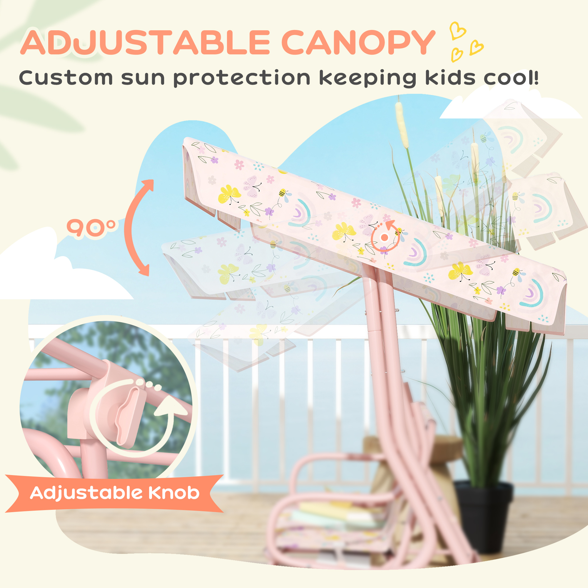 AIYAPLAY Kids Garden Swing Chair with Adjustable Canopy, Safety Belt, 2 Seater Hammock Swing Bench for Patio, Porch, Pink 5