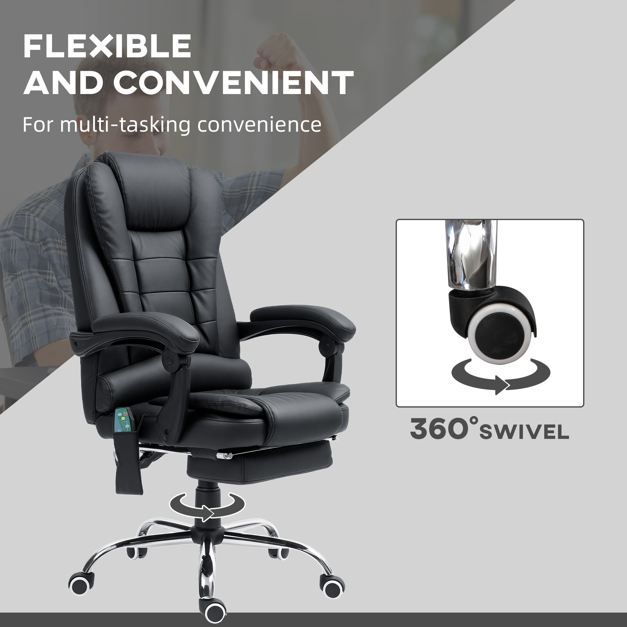 Vinsetto Office Chair with 6 Point Massage and Back Heat, PU Desk Chair with Footrest Adjustable Height and Swivel Wheels, Back Reclining, Black 7