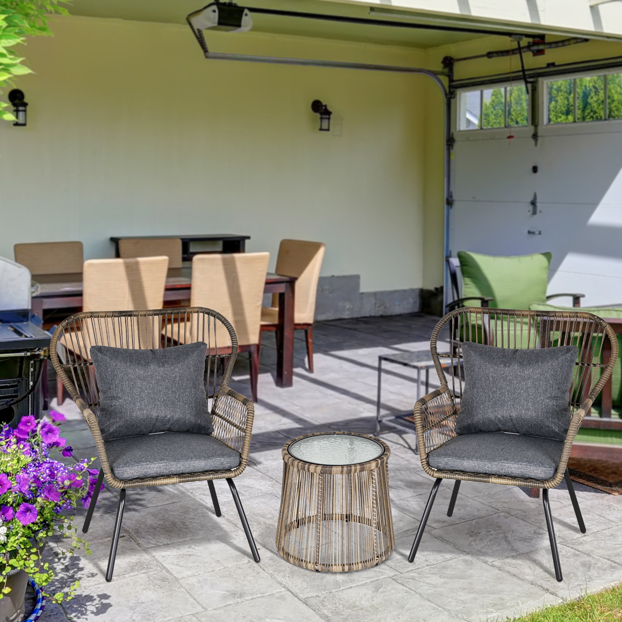 Outsunny 3 Pieces Rattan Bistro Set, Wicker Garden Furniture Set with Cushions, Glass Top Coffee Table and Chairs for Outdoor, Patio, Balcony, Grey 2