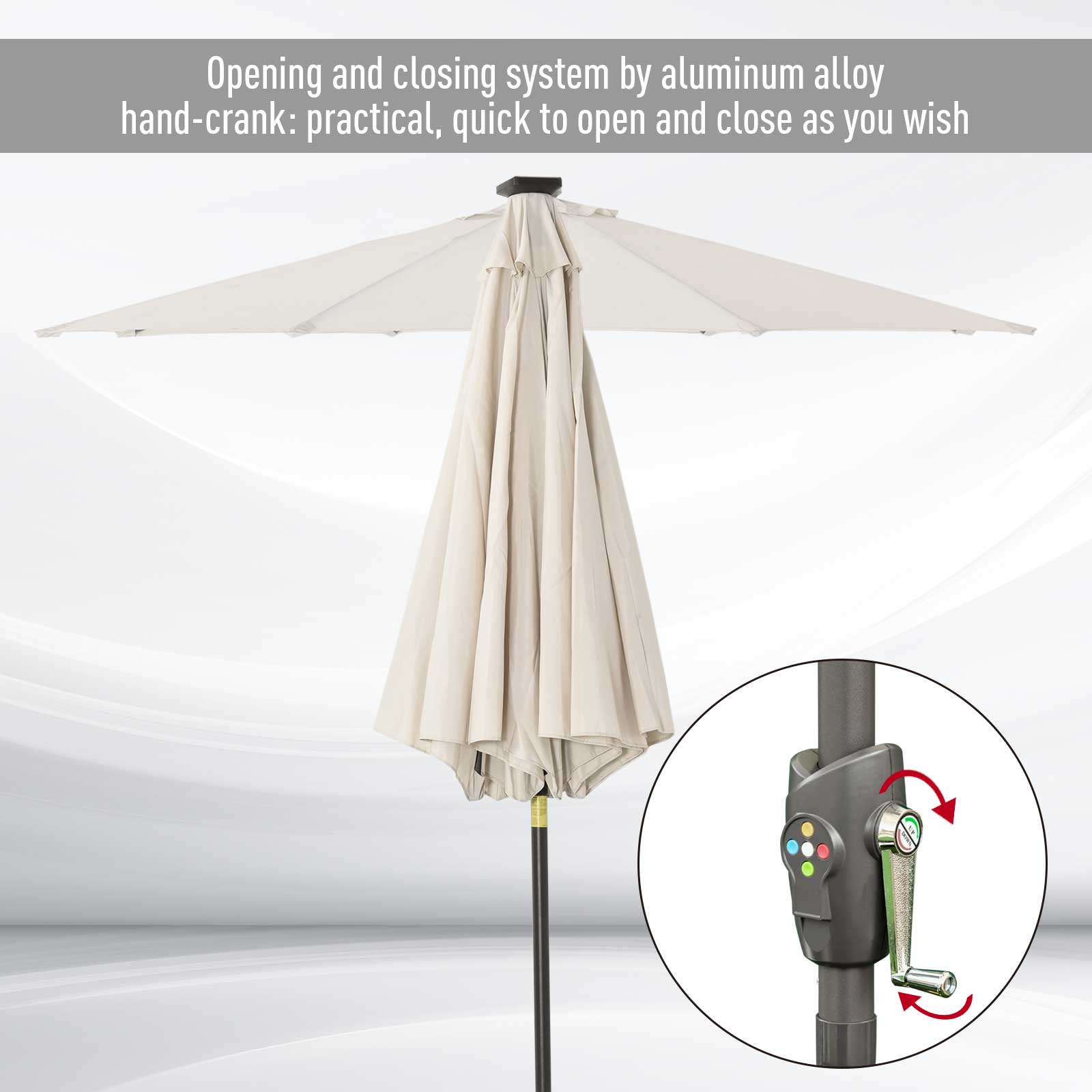 Outsunny Φ2.7m Garden 24 LED Light Parasol Solar Outdoor Tilt Sun Umbrella Patio Club Party Event Manual Sun Shade w/ Hand Crank and 8 Ribs, Off-white 7