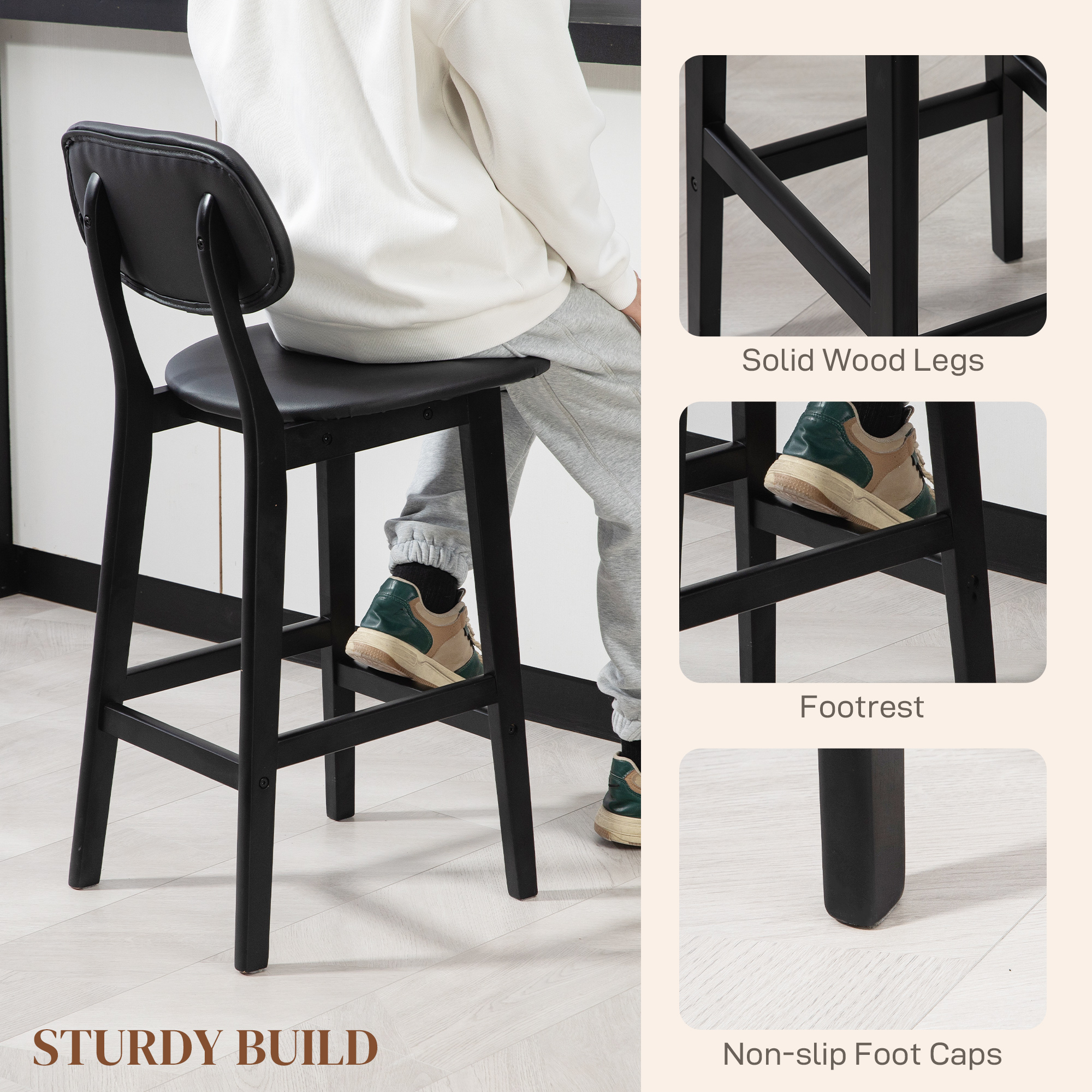 HOMCOM Set of Two Wooden Classic Bar Stools, with Faux Leather Seats Black 6