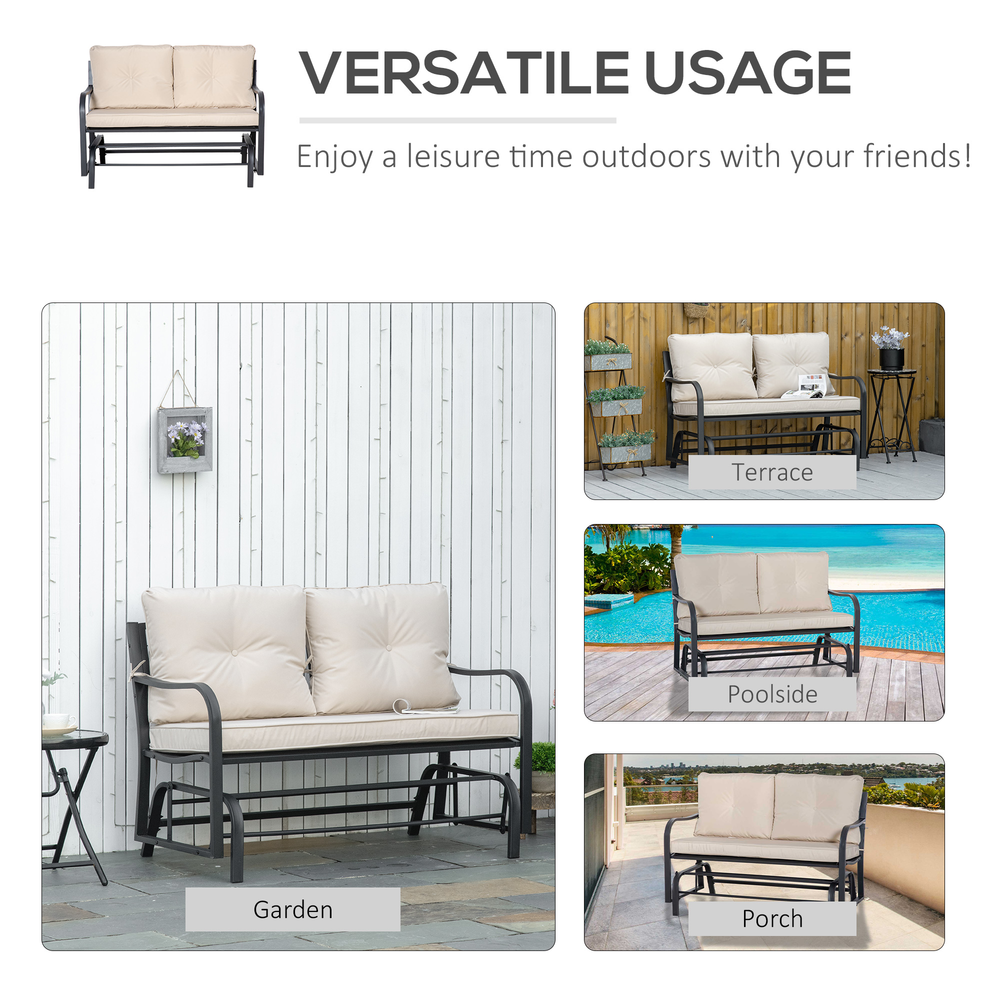 Outsunny 2-Person Outdoor Loveseat Glider Bench Rocking Chair for Patio, Garden, Yard, Porch with Armrest and Cushions, Khaki 6