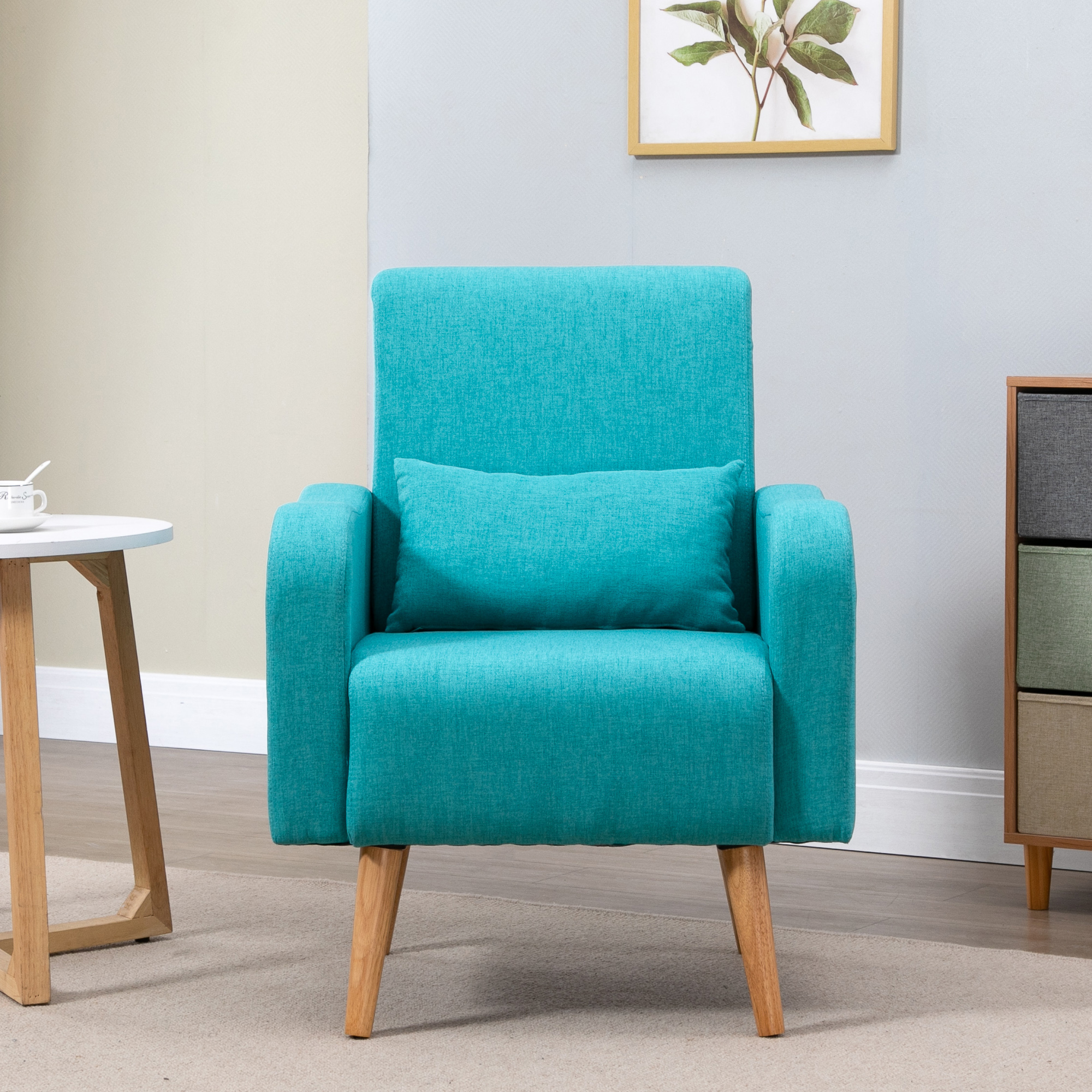 HOMCOM Accent Chair, Linen-Touch Armchair with Pillow, Upholstered Leisure Lounge Sofa for Living Room, Club Chair with Rubber Wooden Frame, Teal 2
