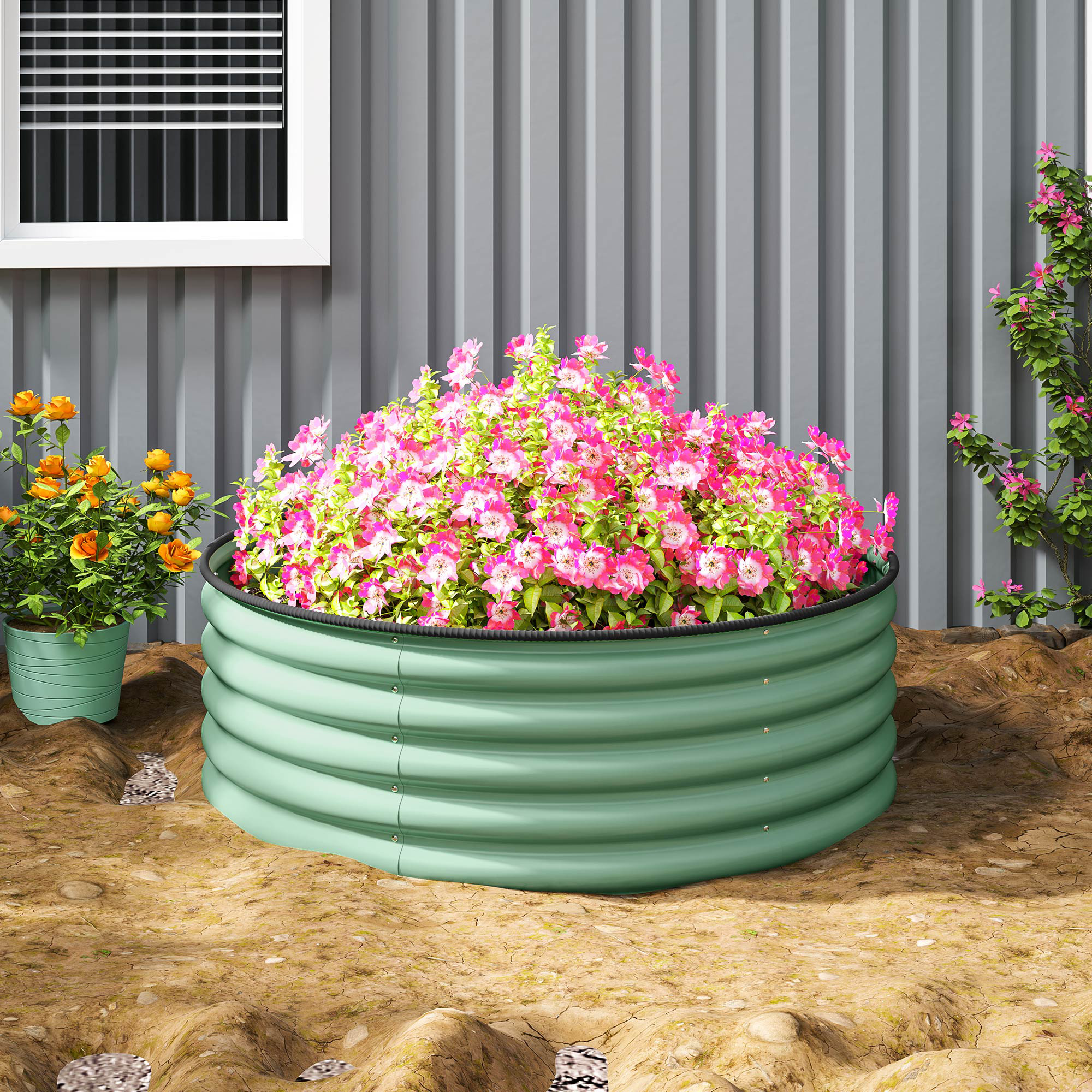 Outsunny Galvanised Raised Garden Bed with Safety Edging, Outdoor Raised Planter Box with Gloves, 120 x 120 x 43cm, Light Green 9