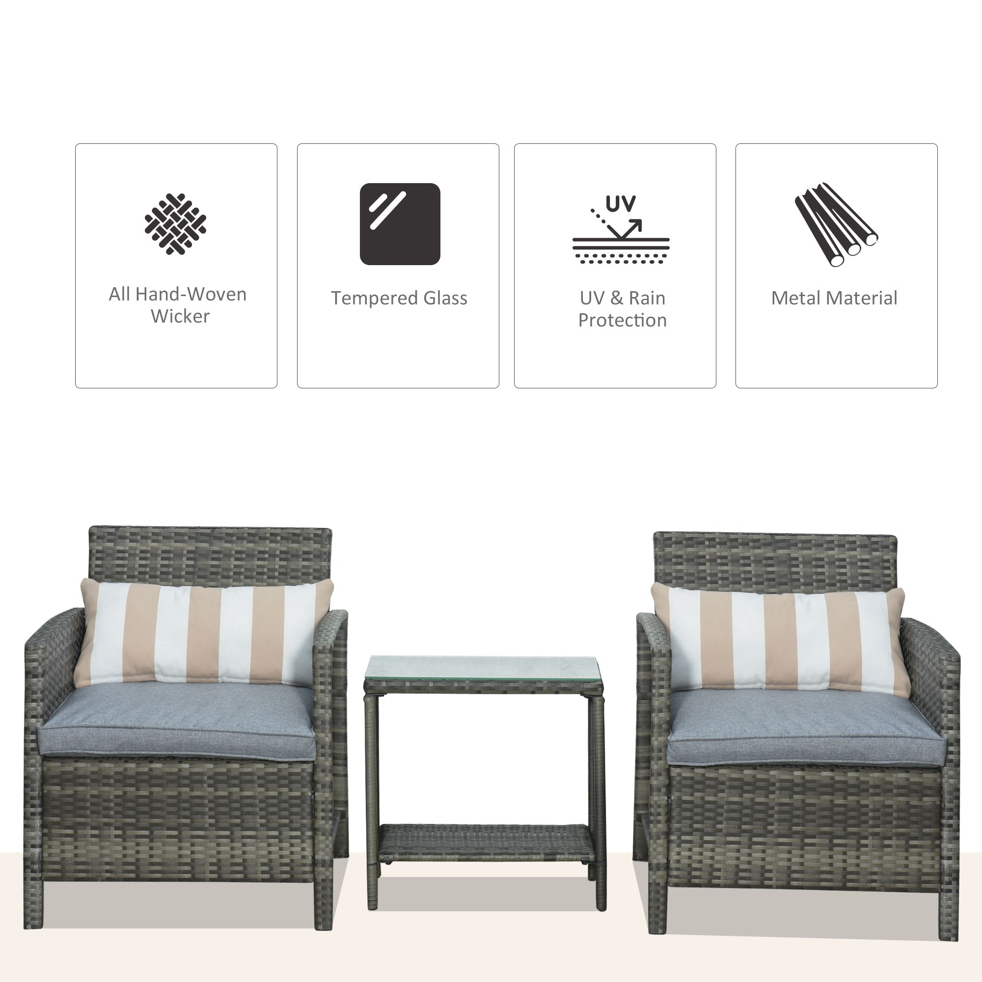 Outsunny 3 Pieces Rattan Bistro Set, Wicker Garden Furniture Set, Glass Top 2-tier Coffee Table and Chairs Set with Pillows and Washable Cushions for Outdoor, Patio, Balcony, Grey 4