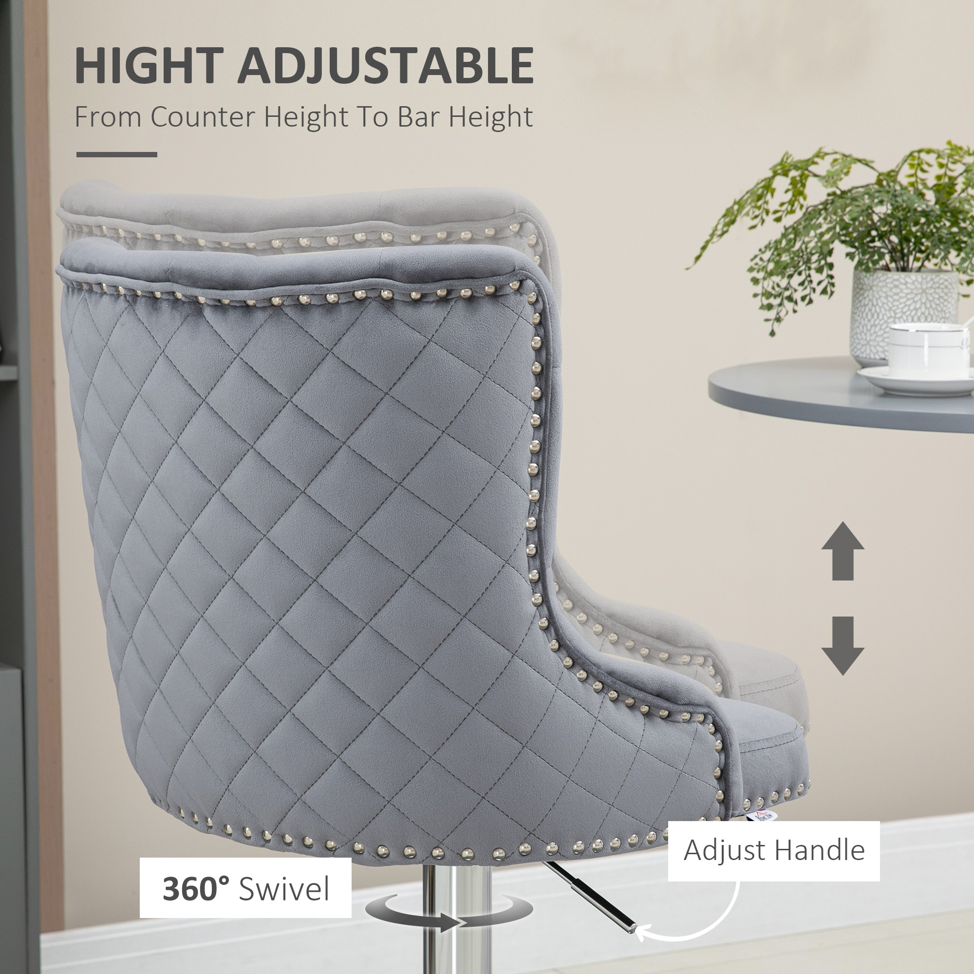 HOMCOM Bar Stools Set of 2, Modern Swivel & Adjustable Velvet Barstools with Button Tufted Back, Footrest, Nailhead Trim for Home Bar, Grey 5