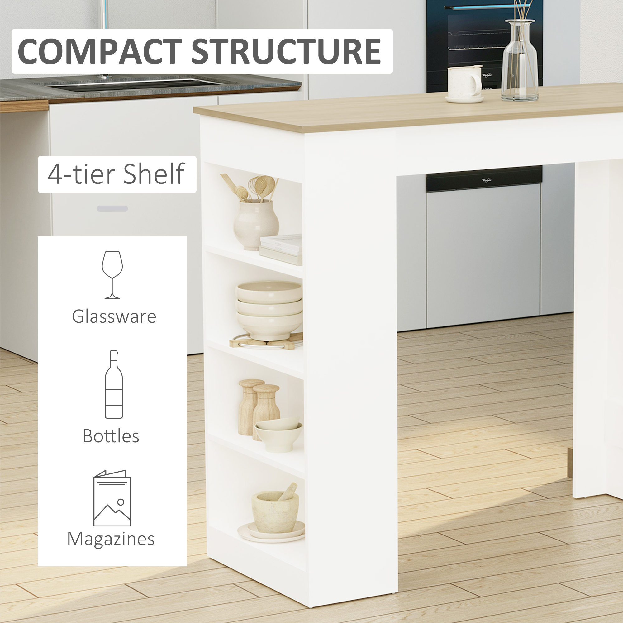 HOMCOM Bar Table, Dining Table with 4-Tier Storage Shelf for Breakfast Bar, Kitchen, Dining Room, Living Room, Natural 4