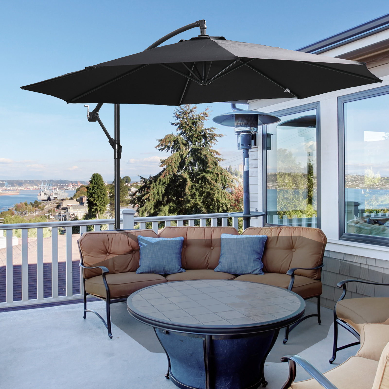 Outsunny 2.45m Overhanging Cantilever Parasol, Heavy Duty Waterproof Garden Umbrella with Cross Base, Black 2