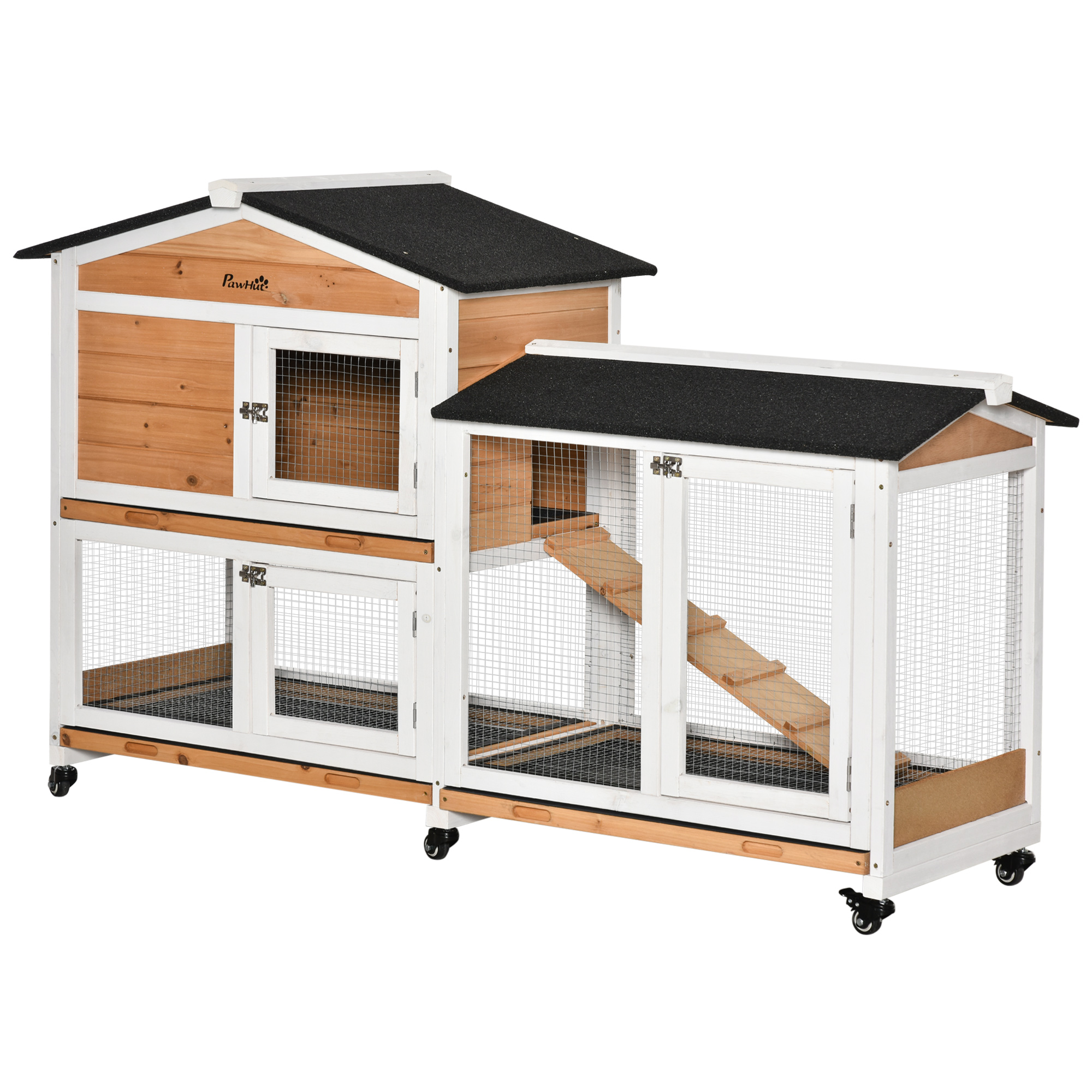 PawHut Wooden Two-Tier Pet Hutch with Wheels, Run - Brown