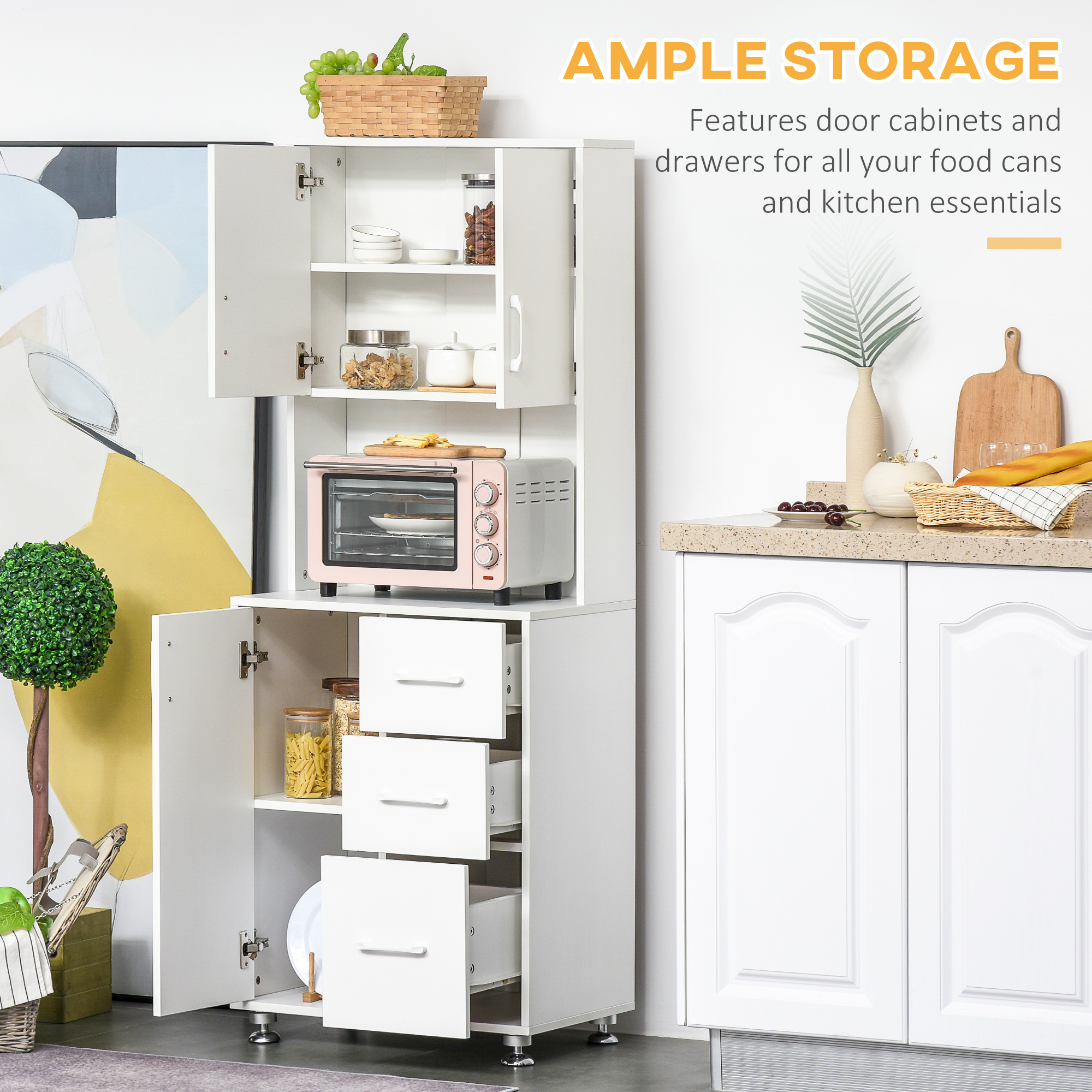 HOMCOM Modern Kitchen Cupboard with Storage Cabinets, 3 Drawers and Open Countertop for Living Room, White 4