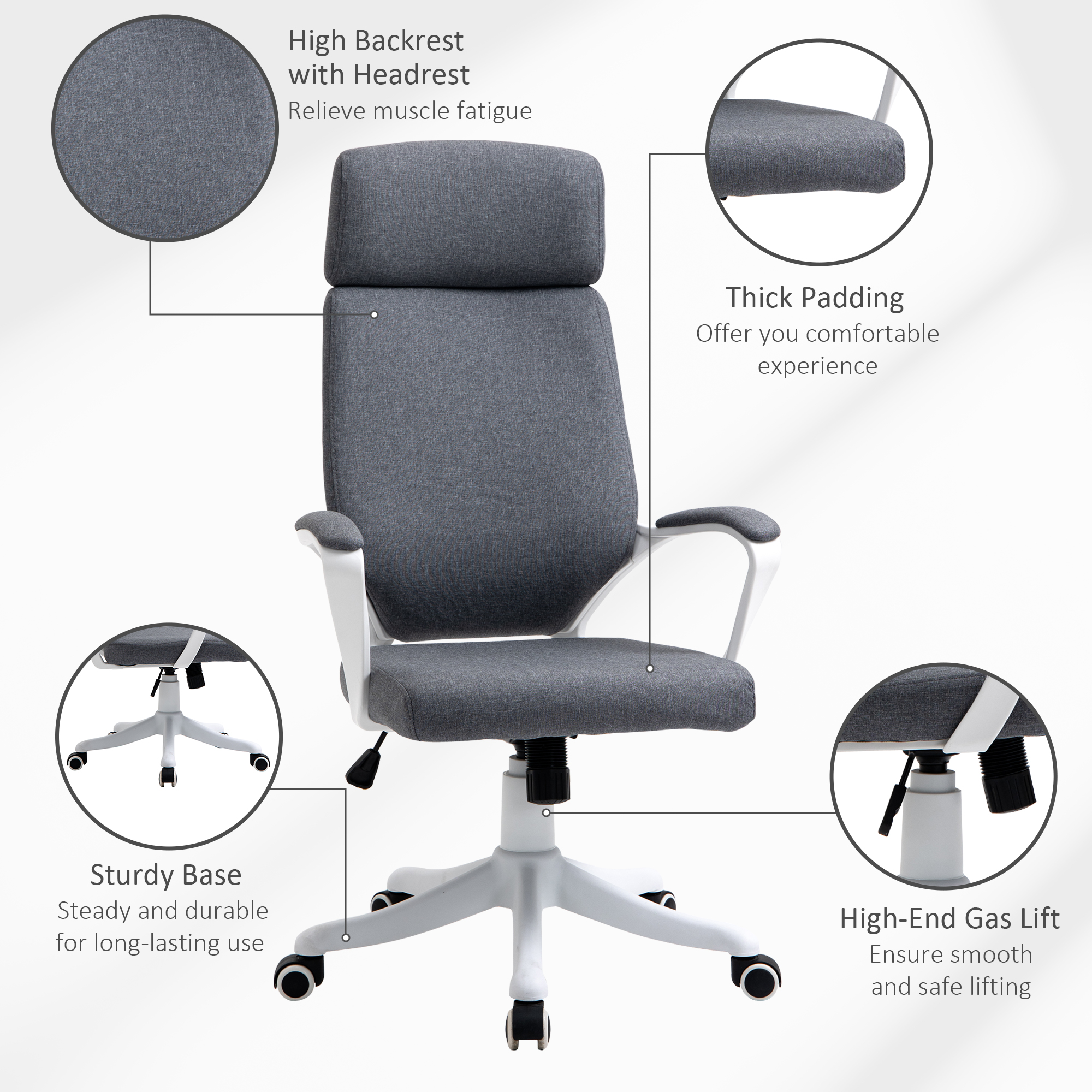 Vinsetto Office Chair, Ergonomic Desk Chair, High Back Study Chair with Headrest and Lumbar Back Support, Adjustable Height for Home and Work, Grey 8