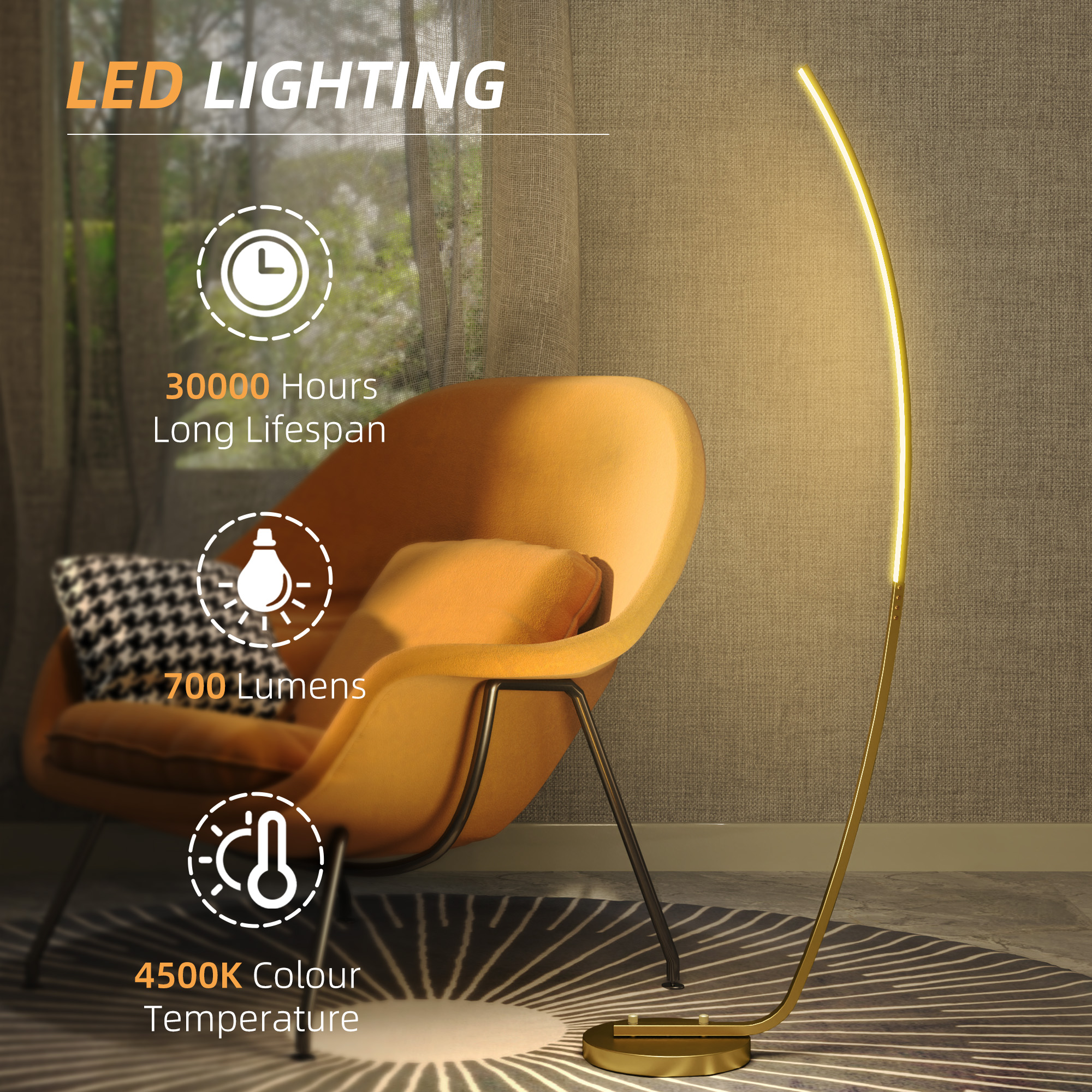HOMCOM Modern 147cm Curved LED Floor Lamp Gold Tone 6