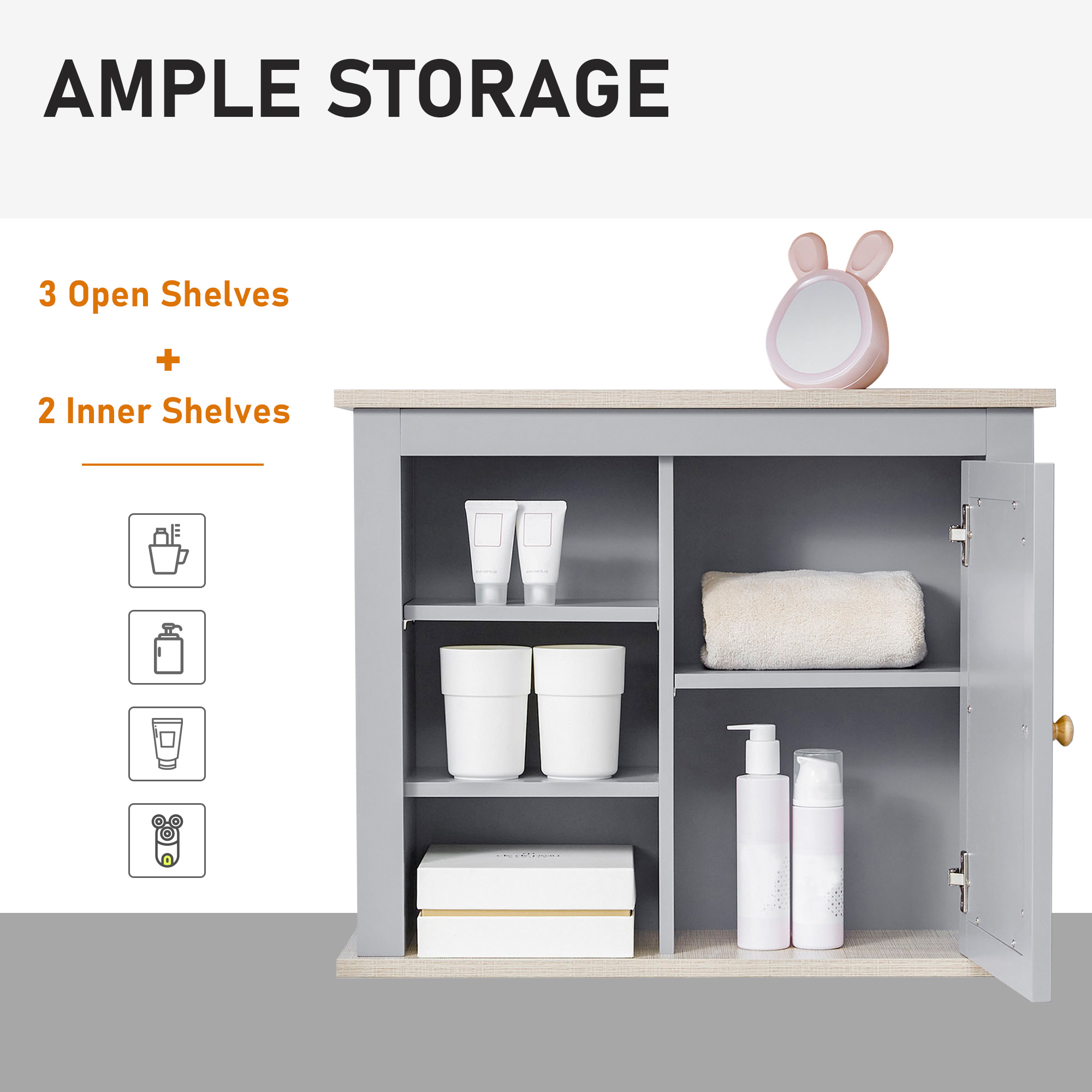 kleankin Bathroom Wall Mirror Cabinet, Cupboard with Door, Storage Cabinet with Adjustable Shelf for Corridors Living Rooms, Grey 6
