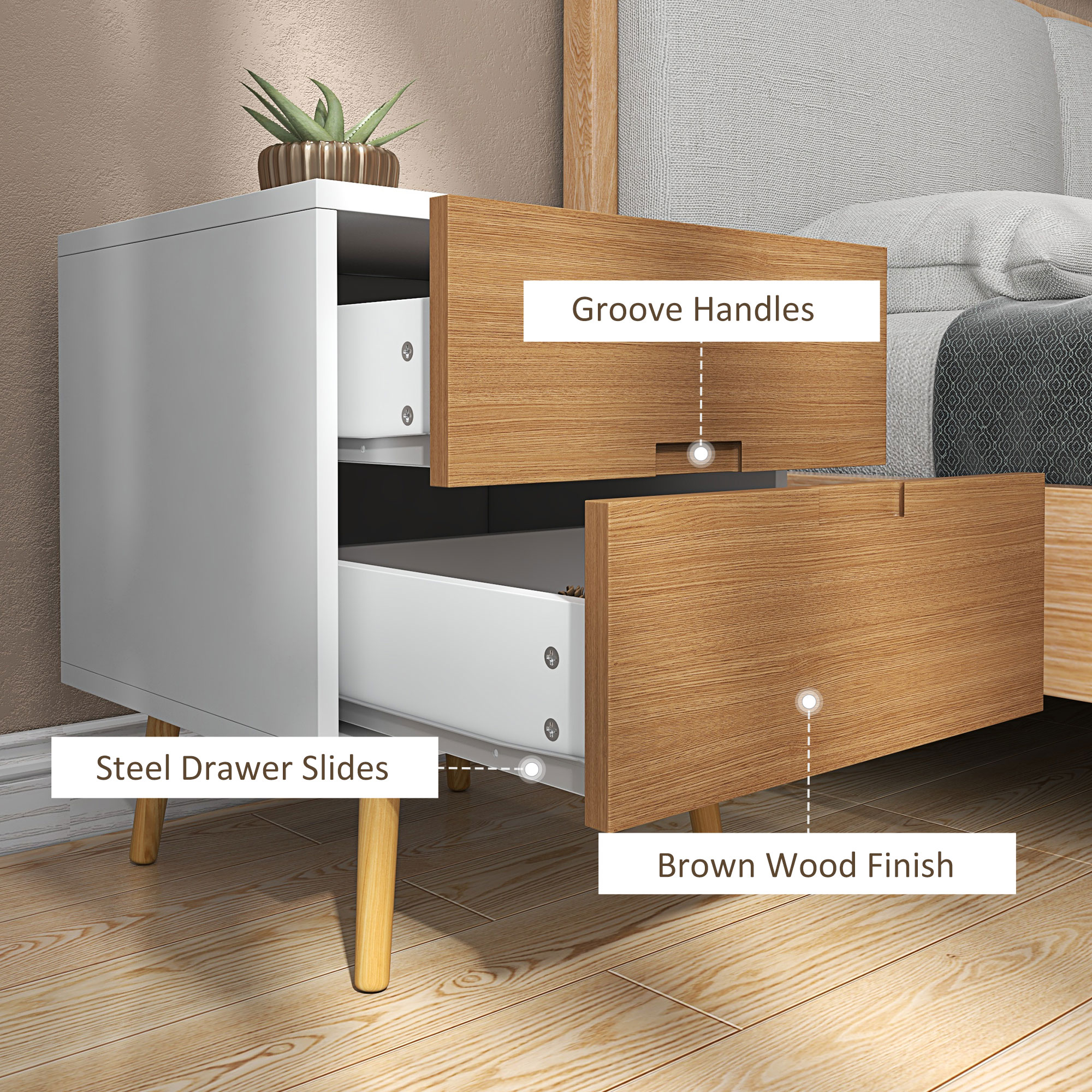 HOMCOM Wood Effect Wto-Drawer Bedside Table Brown/White 6