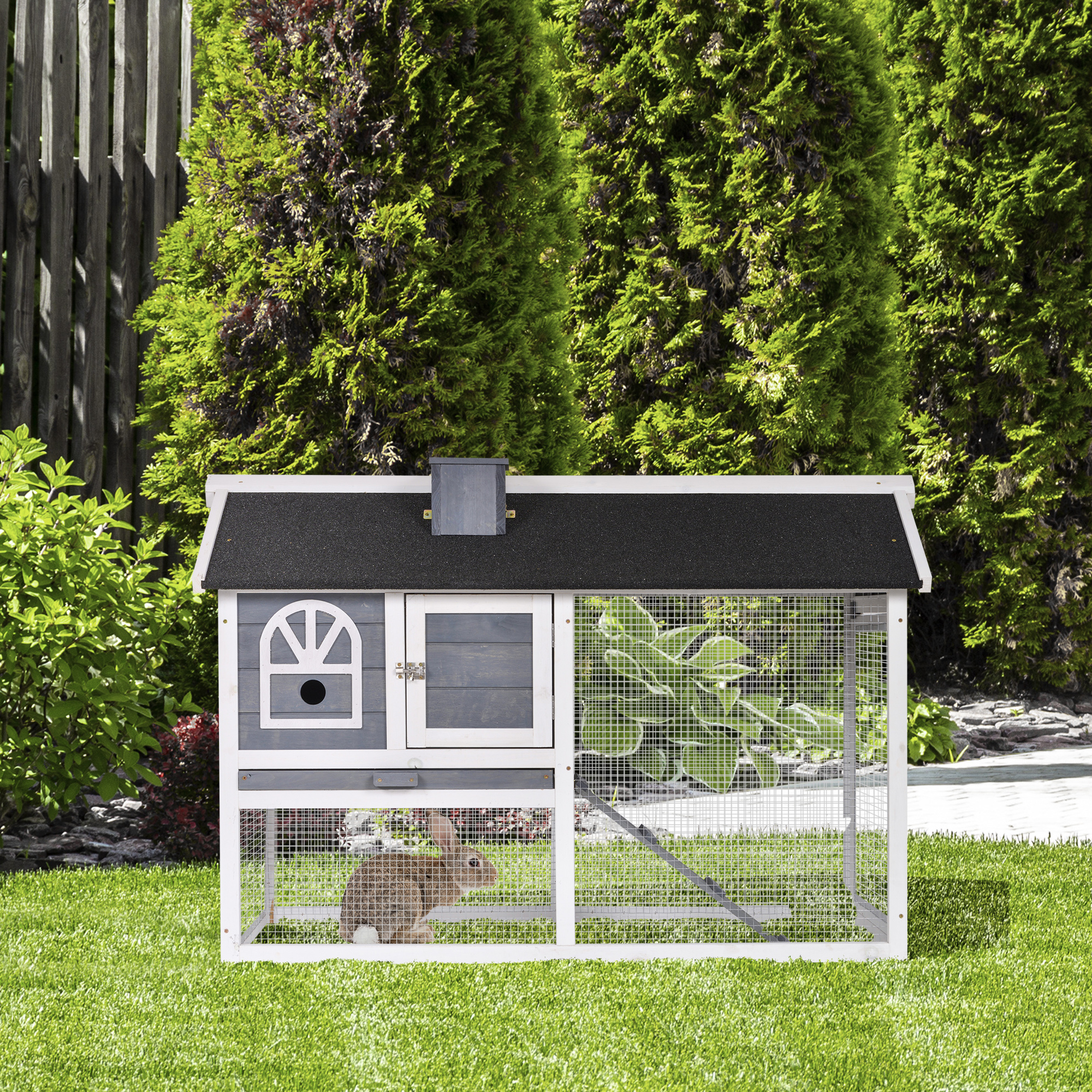 PawHut Wooden Rabbit Hutch and Run with Sliding Tray, Ramp, Water-resistant Roof, for 2-4 Rabbits, Grey 2