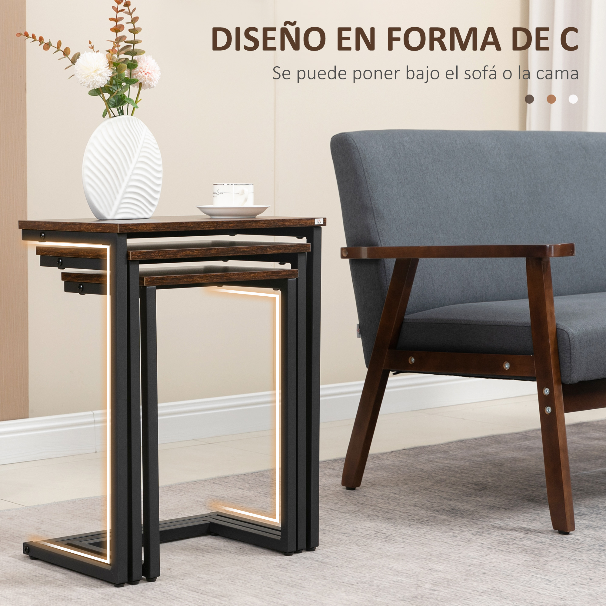 HOMCOM Juego de 3 Mesas Auxiliares de Estilo Industrial en Forma de C ...