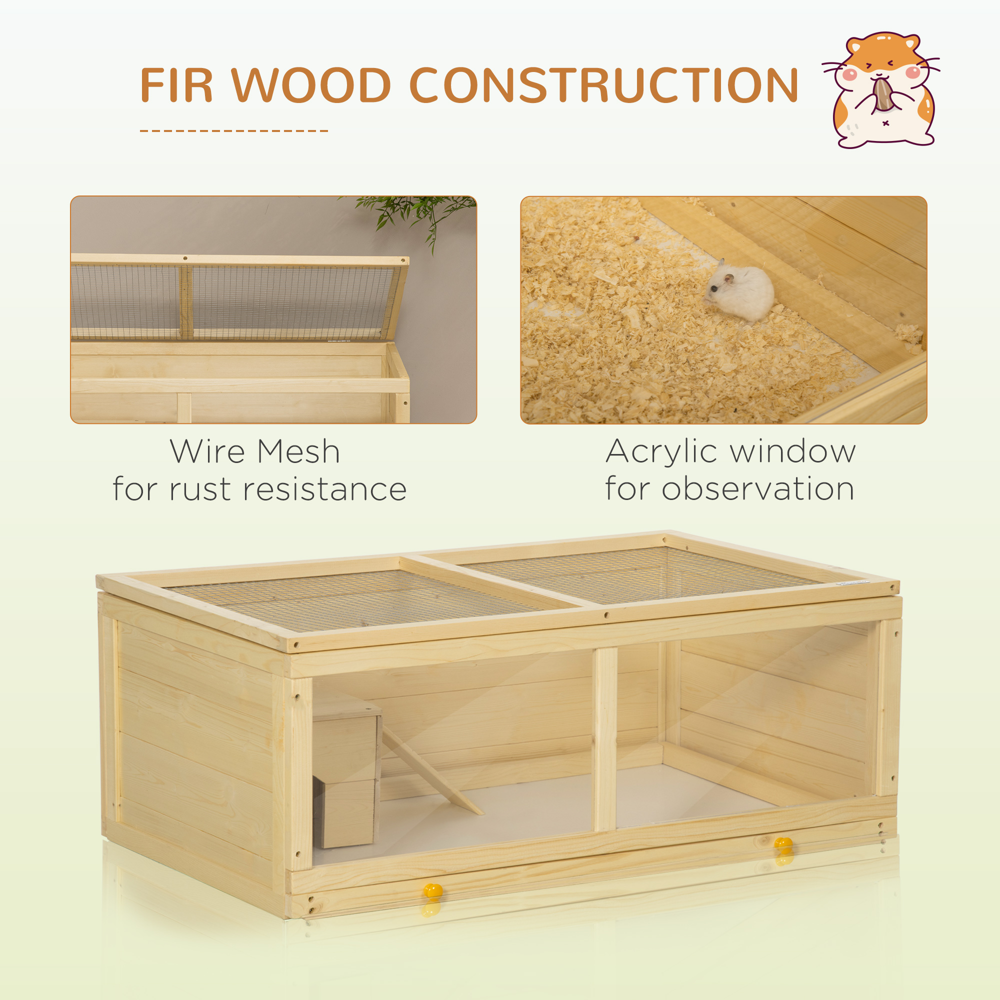 PawHut Wooden Hamster Cage with Sliding Tray, Openable Top, Hut for Syrian Hamster, Natural Wood Finish 7