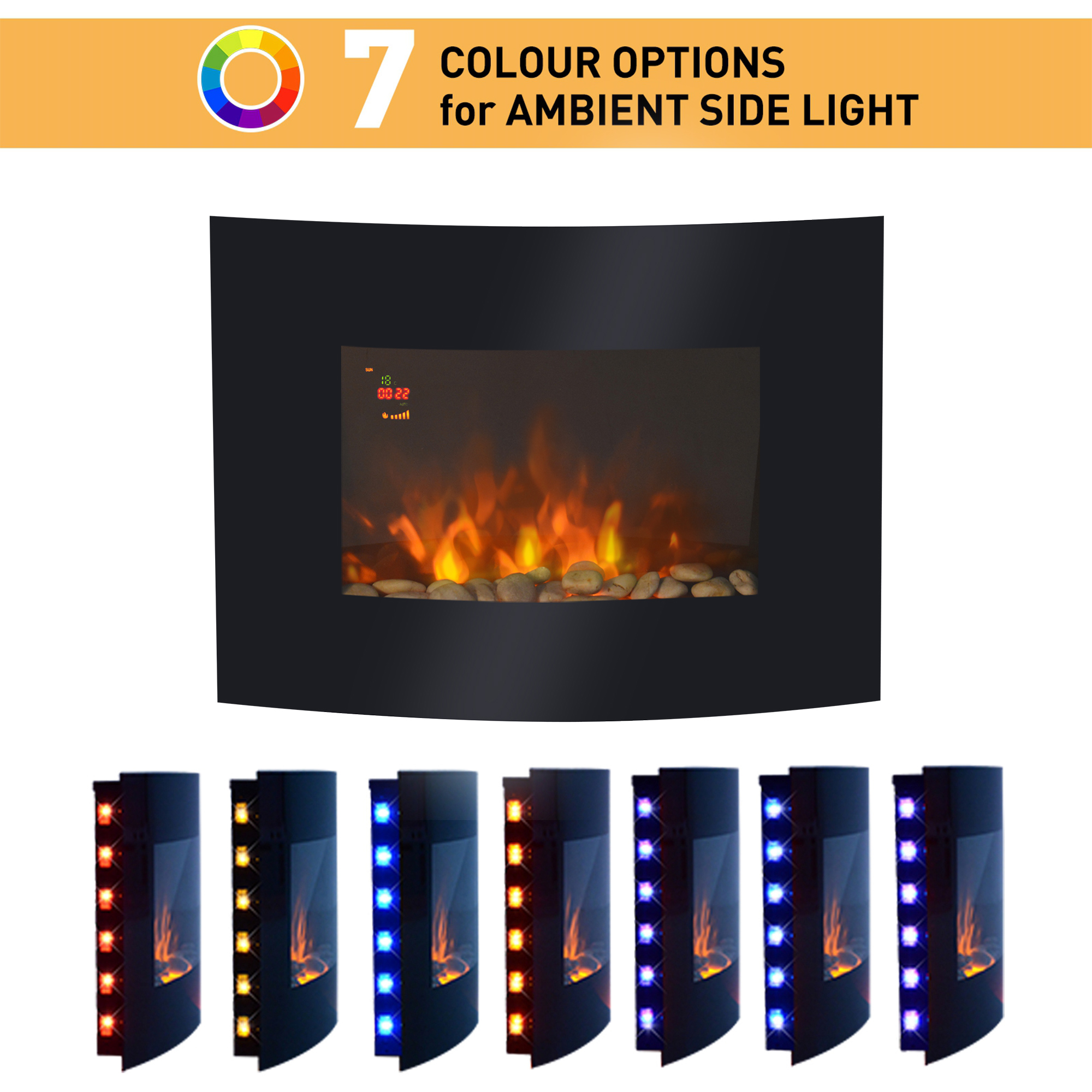 HOMCOM Led Wall Mounted Fireplace Curved Glass Electric Fire Place Fire Place 7 Colour Side Lights Slimline, 900/1800W, 65cm x 52cm 5