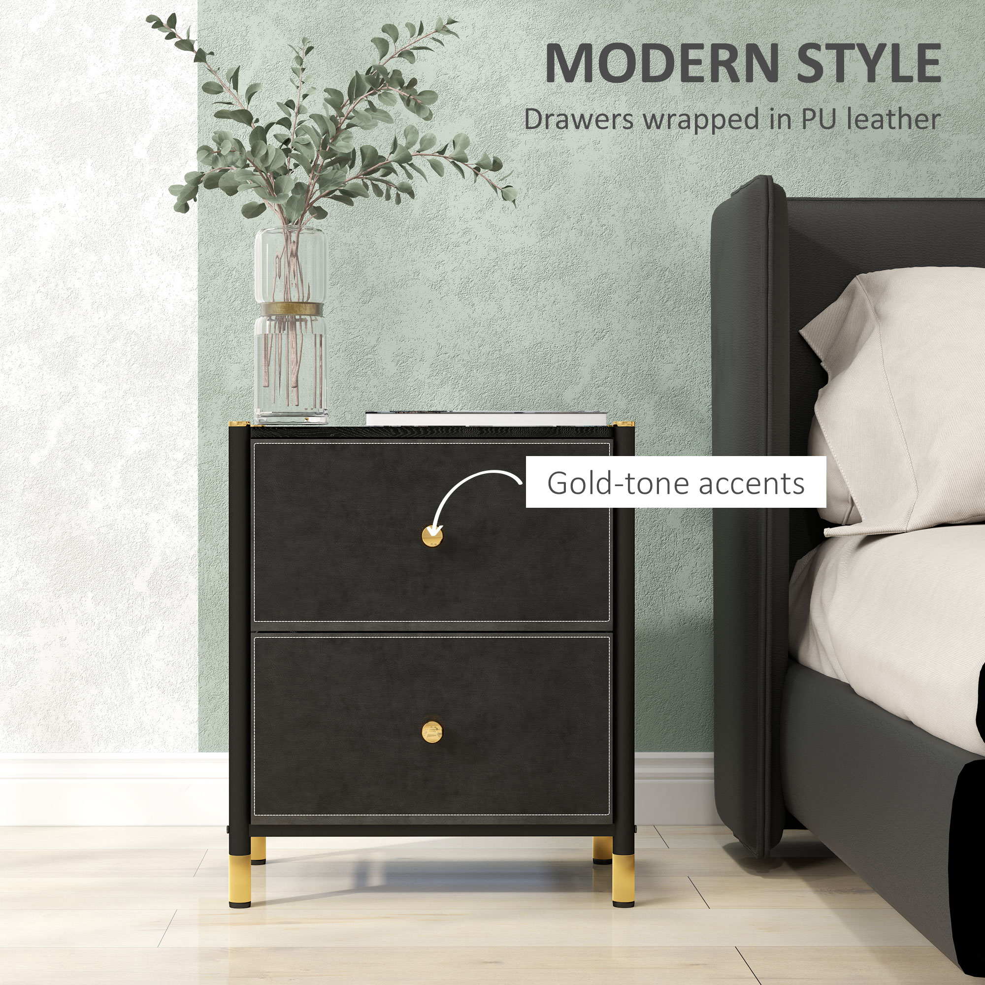 HOMCOM Faux Leather Bedside Table Black 4