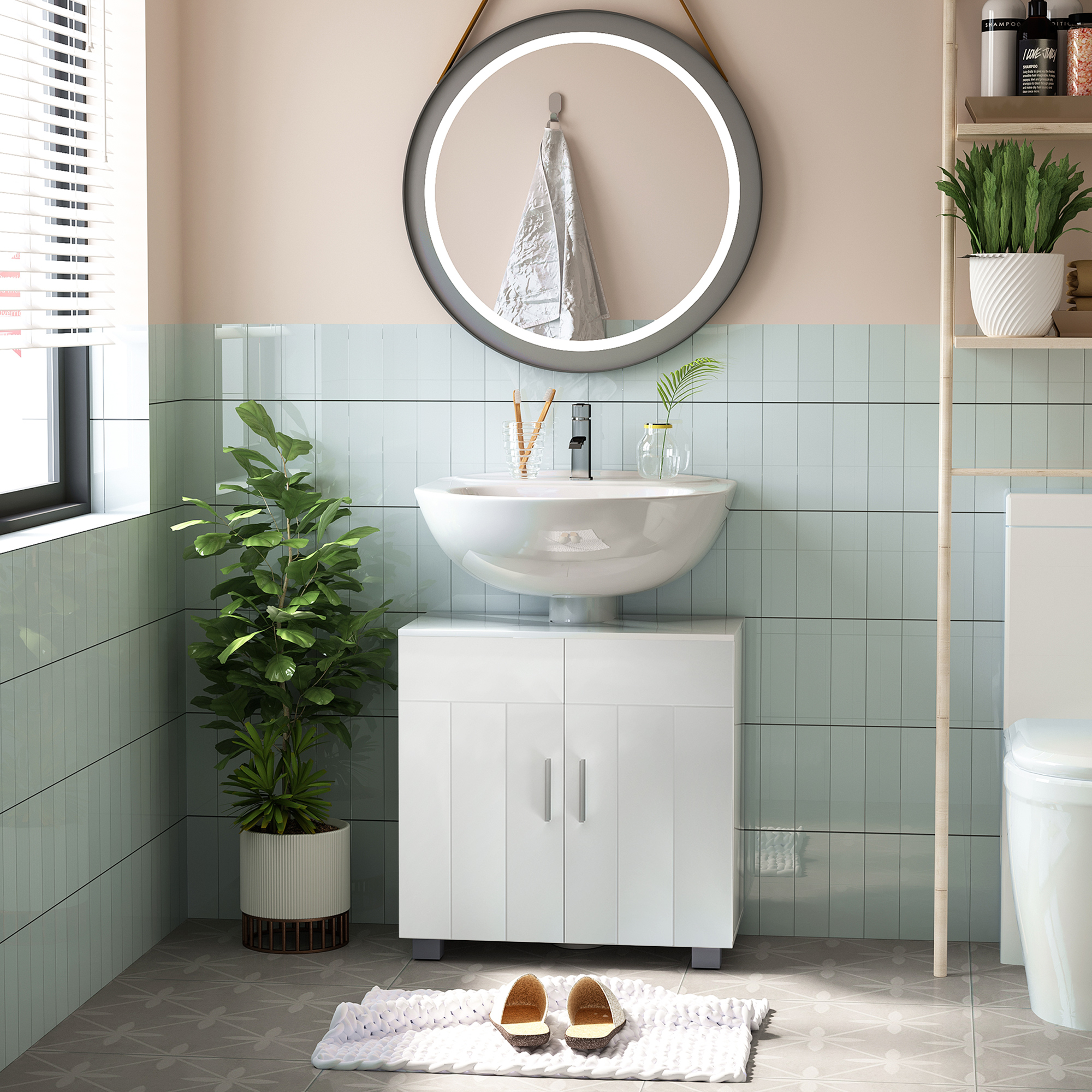 kleankin Pedestal Under Sink Cabinet, Modern Bathroom Vanity Unit, Storage Cupboard with Double Doors, Adjustable Shelf, White 2