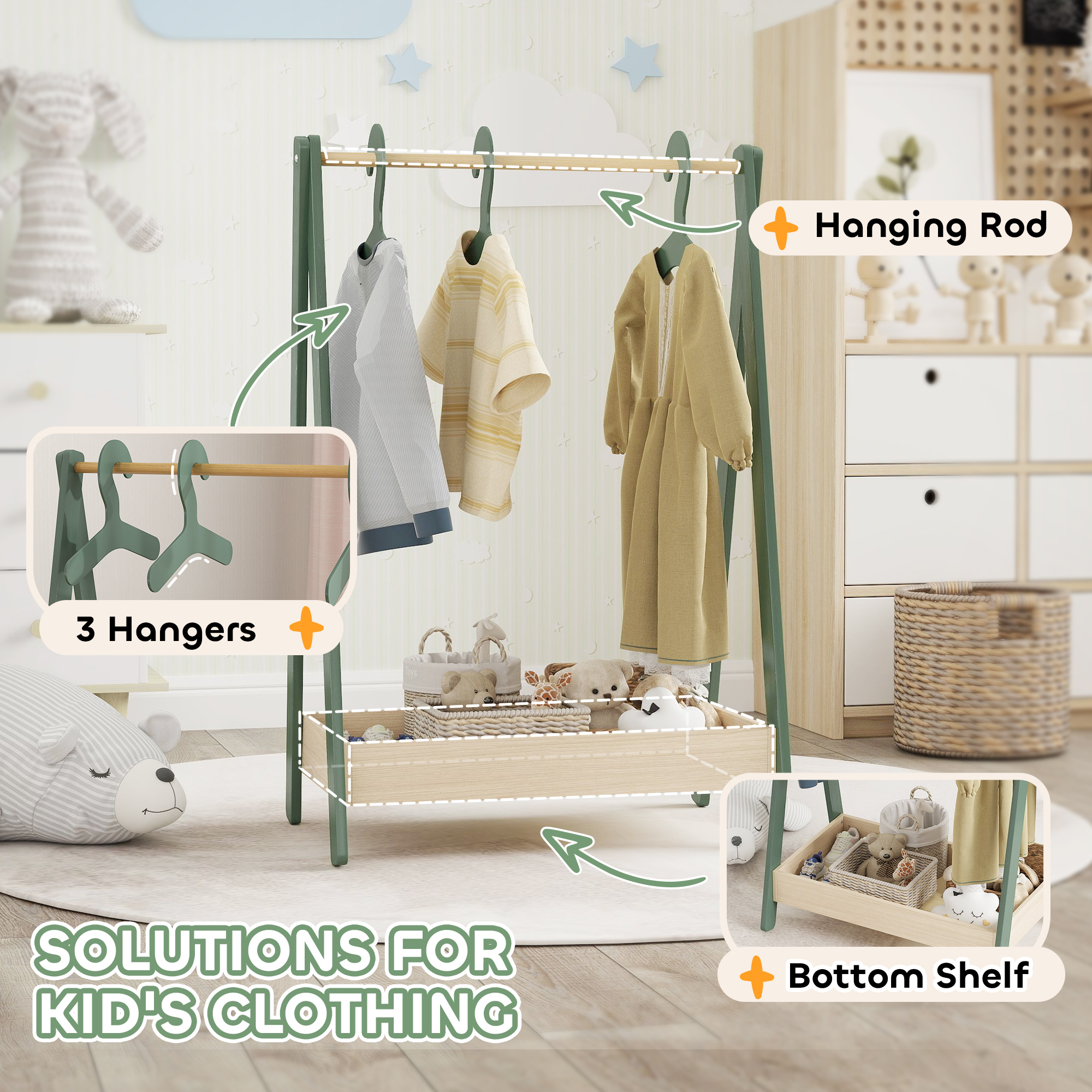 AIYAPLAY Kids Clothes Rail with 3Hangers, Bottom Storage Shelf for Girls, Boys, Nursery, Bedroom, Green 4