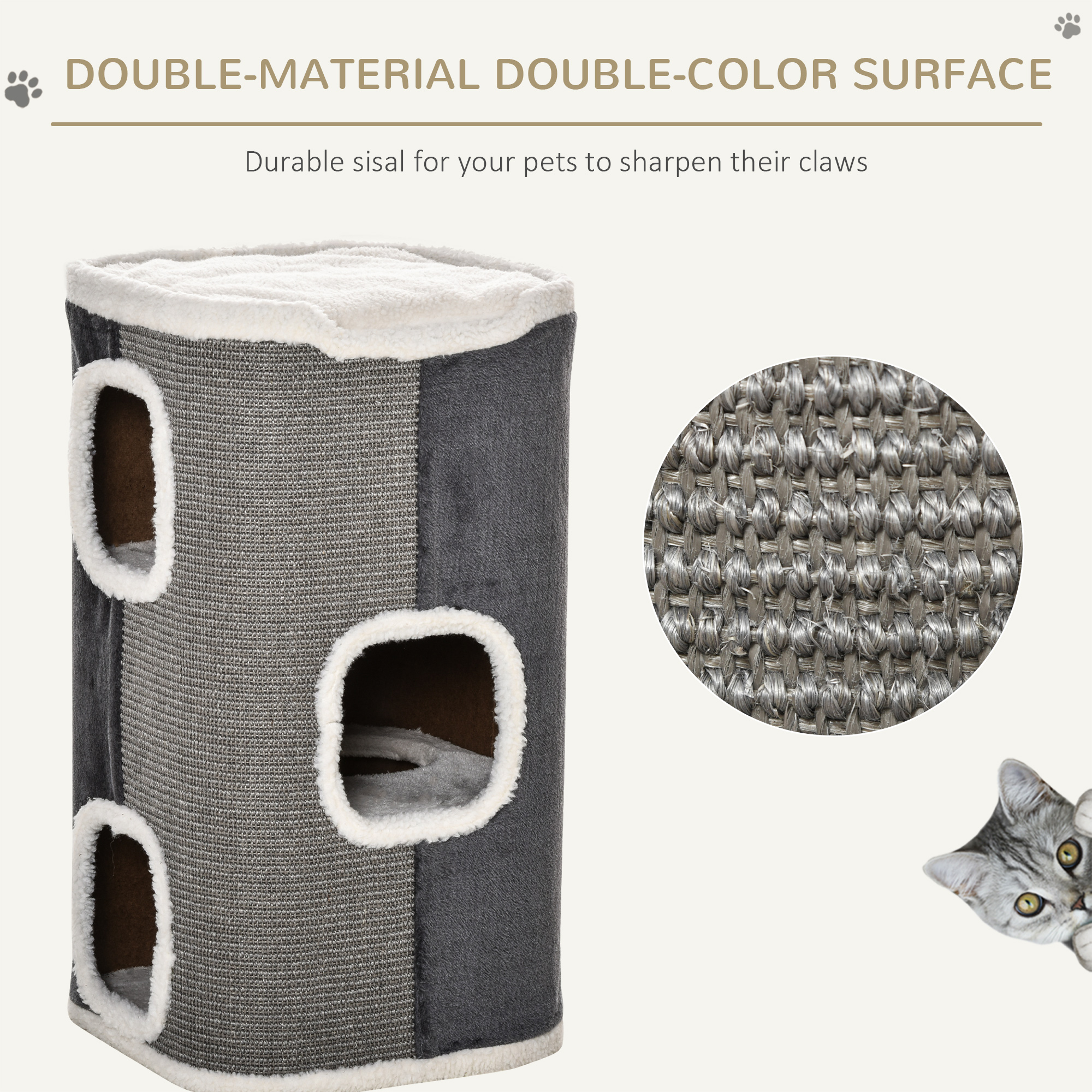 PawHut Sisal Cat Barrel with Soft Plush & Lamb Fleece Grey 6