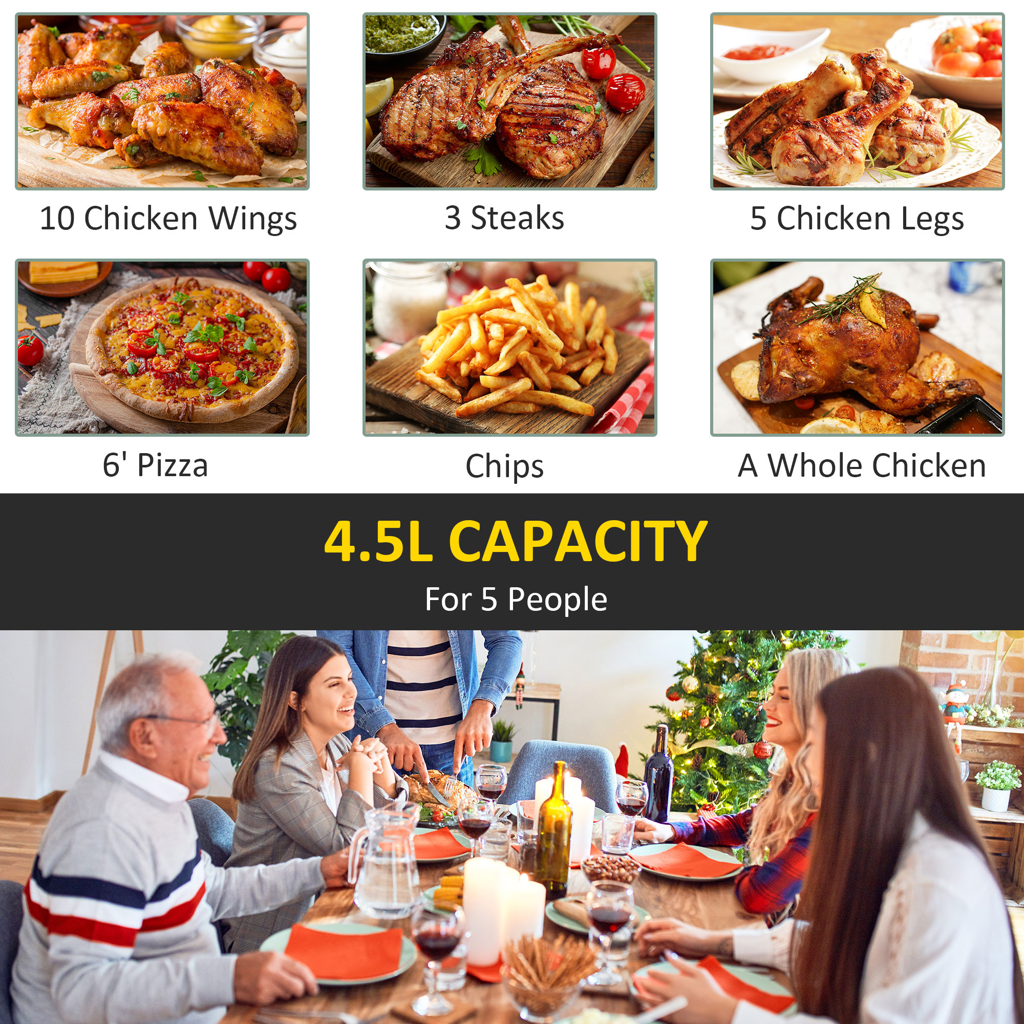 HOMCOM 4.5L Air Fryer, 1500W Air Fryer Oven with Rapid Air Circulation, Adjustable Temperature, Timer and Nonstick Basket for Oil Less or Low Fat Cooking, Black 6